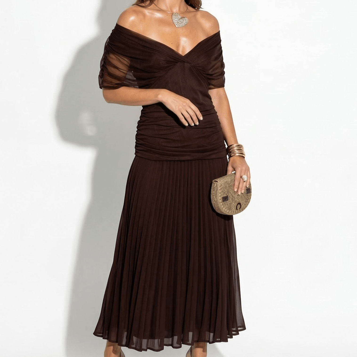 Lily - Women's Off - Shoulder Ruched Maxi Dress - Dress - Brown - Taylor & Bennett