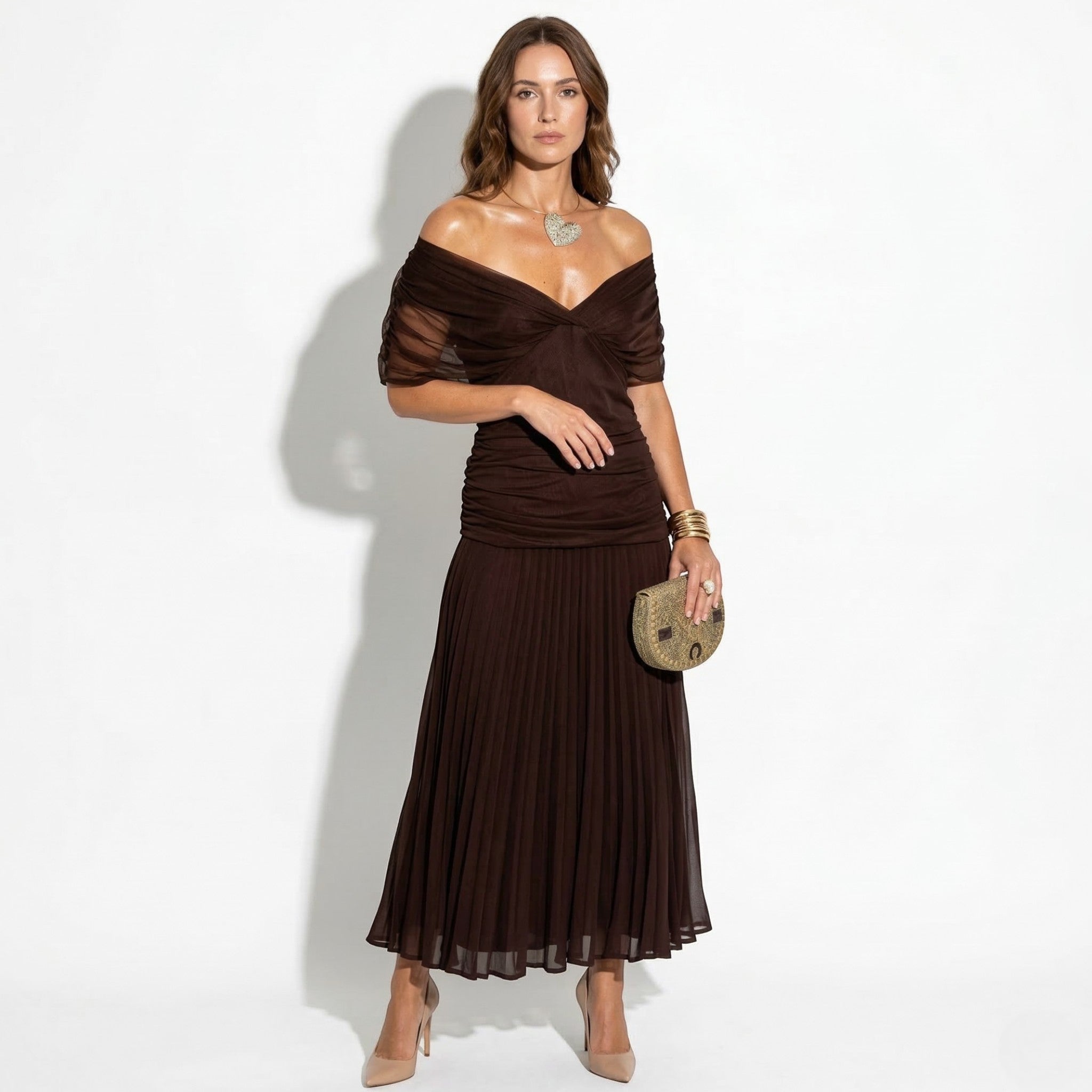 Lily - Women's Off - Shoulder Ruched Maxi Dress - Dress - Brown - Taylor & Bennett