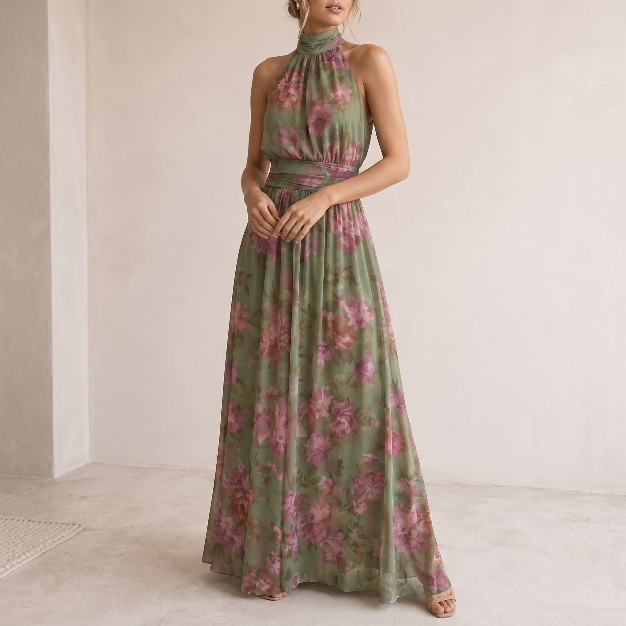Lily - Women's Summer Floral Print Halter Neck Maxi Dress - Dresses - Green - Taylor & Bennett