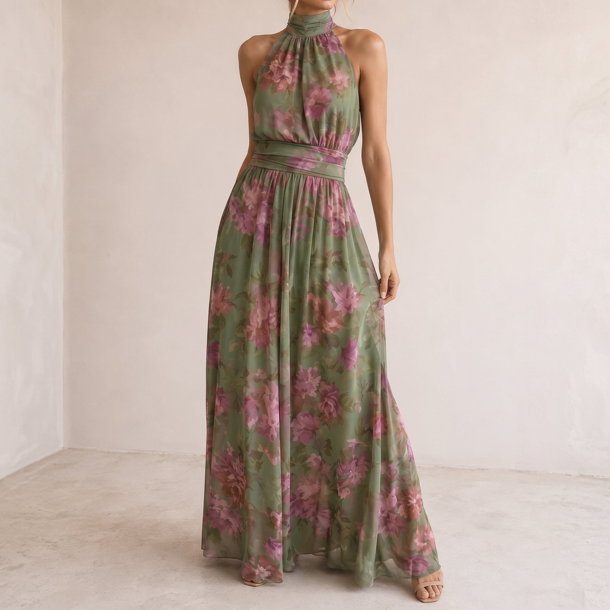 Lily - Women's Summer Floral Print Halter Neck Maxi Dress - Dresses - Green - Taylor & Bennett