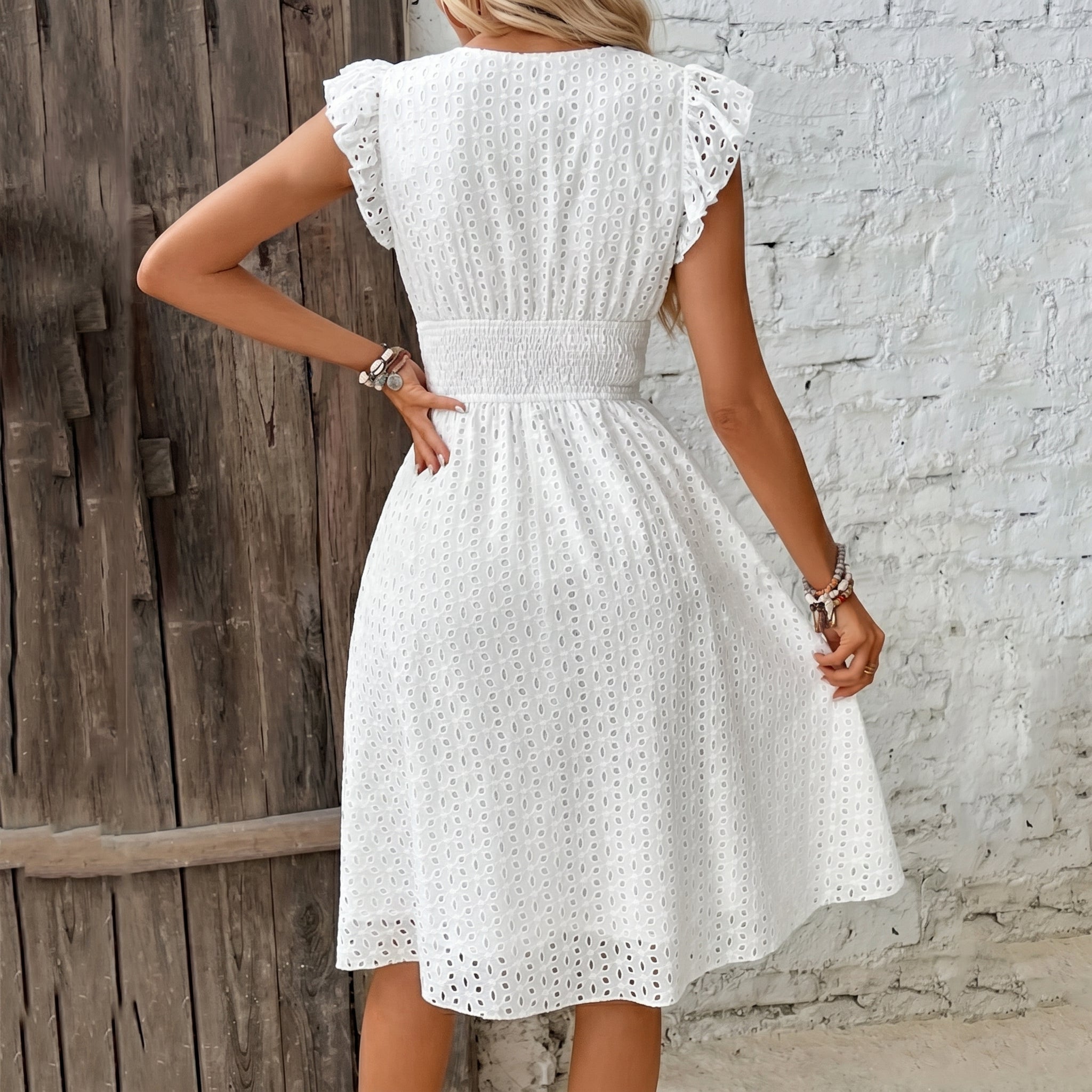 Lily - Women's Summer Smocked Waist Mini Dress - Mini Dresses - White - Taylor & Bennett