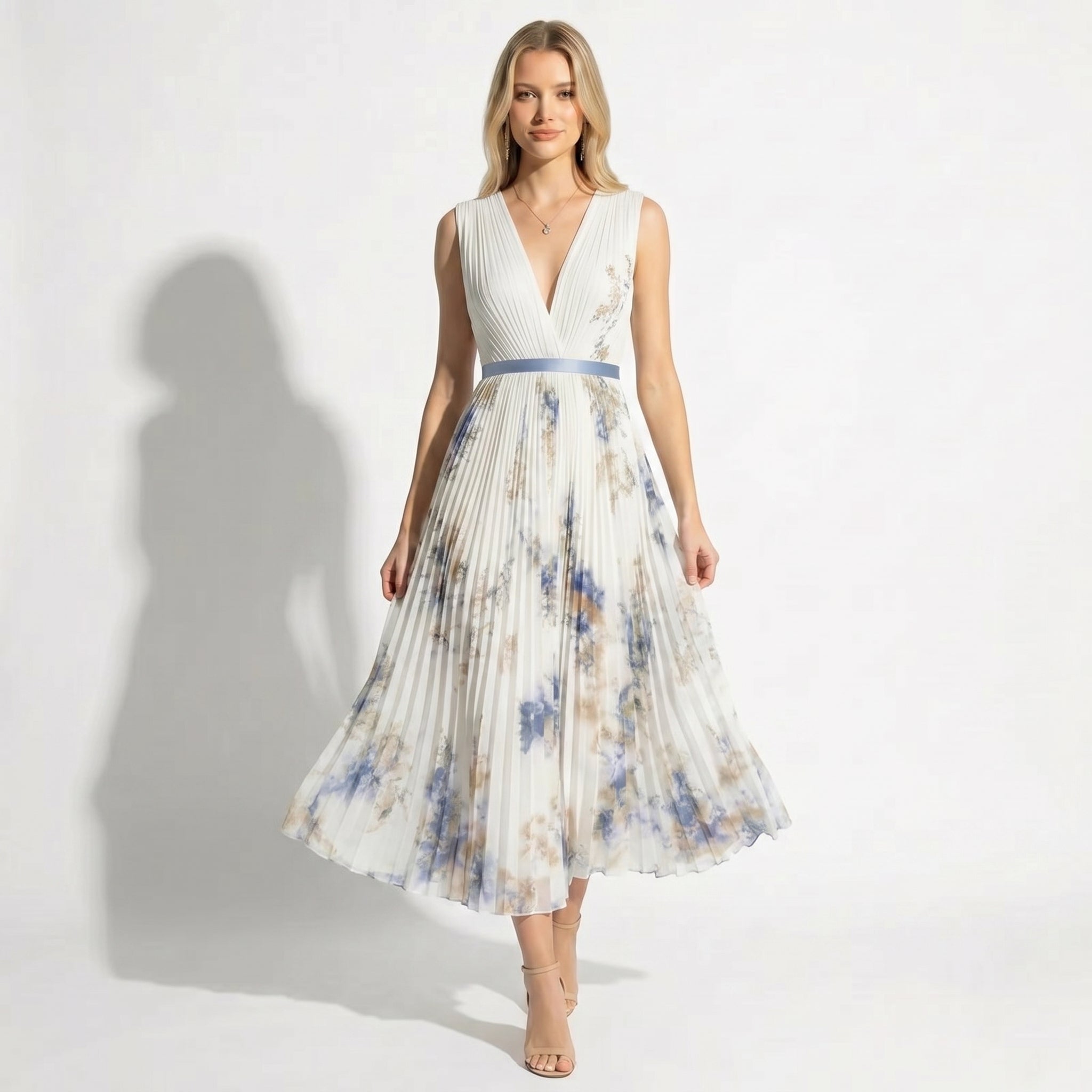 Lily - Women's V - Neck Pleated Maxi Dress - Dresses - White - Taylor & Bennett