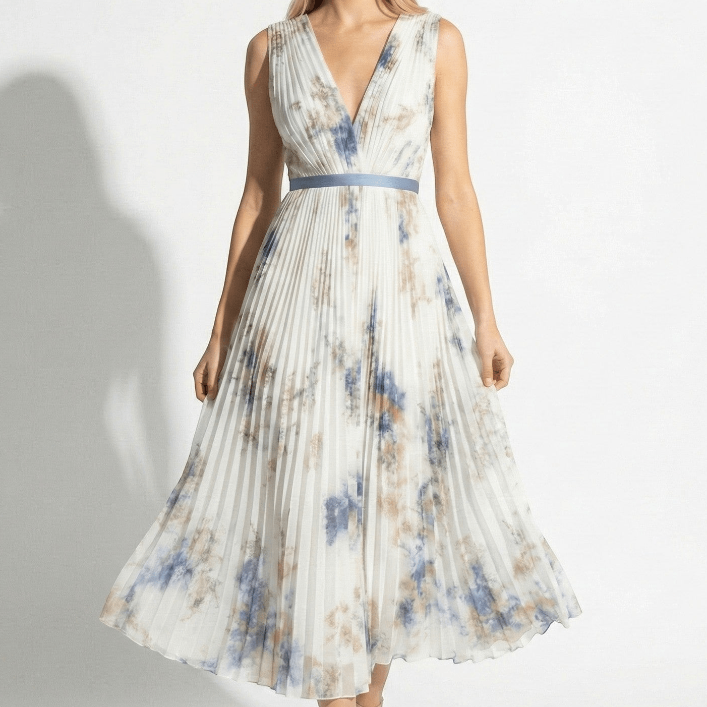 Lily - Women's V - Neck Pleated Maxi Dress with Floral Print - Dresses - White - Taylor & Bennett