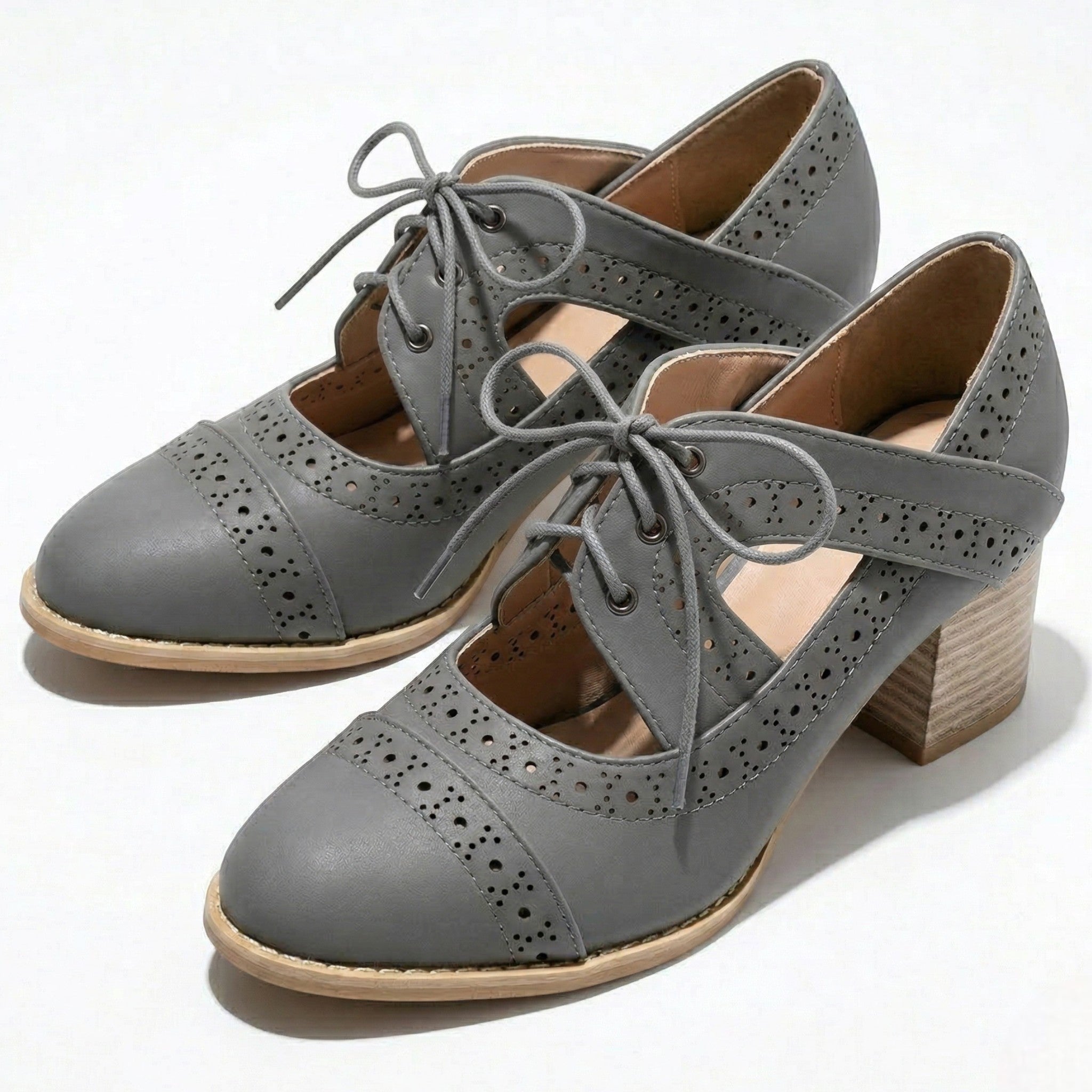 Lottie - Women's Brogue Block Heel Shoes - Shoes - Grey - Taylor & Bennett