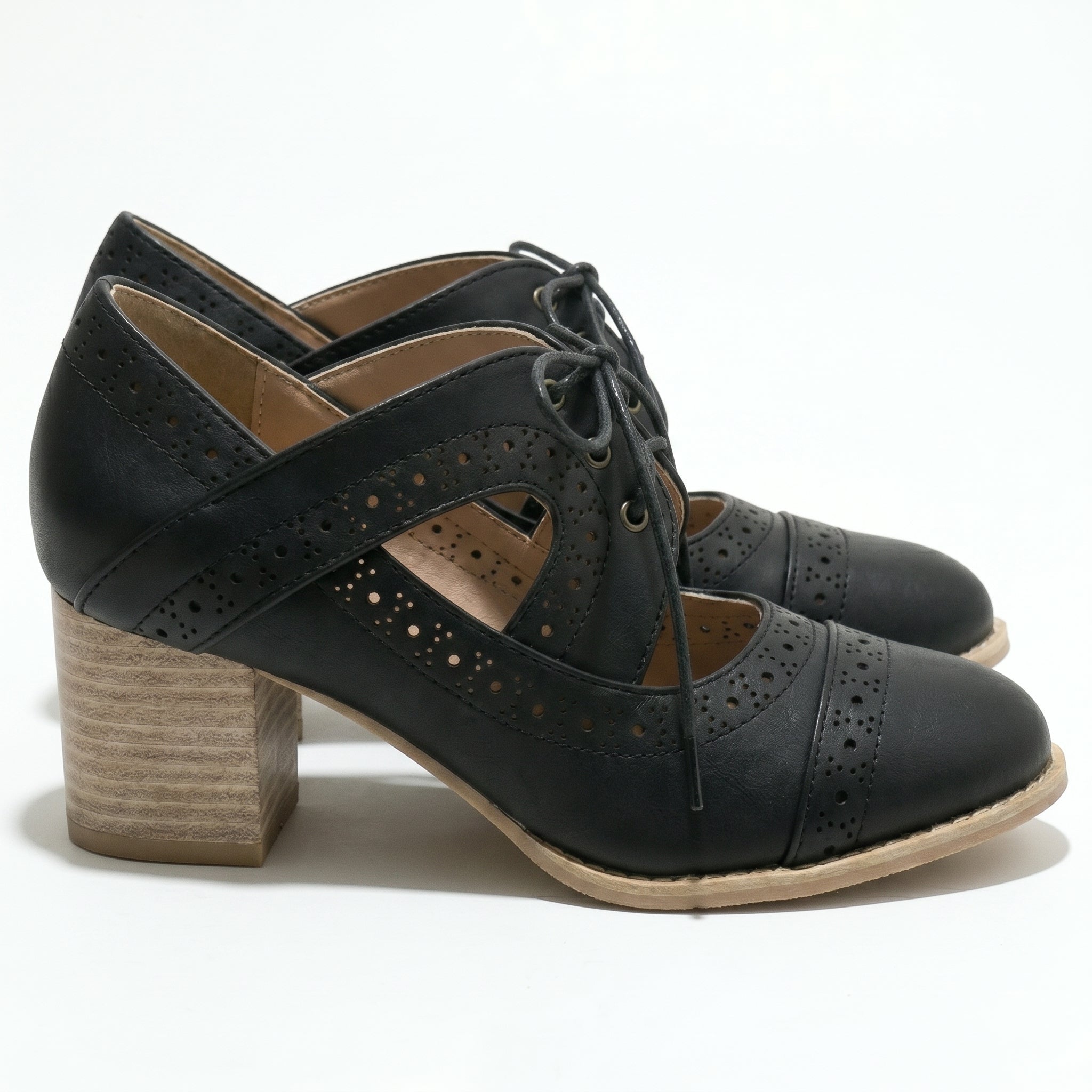 Lottie - Women's Brogue Block Heels - Shoes - Black - Taylor & Bennett