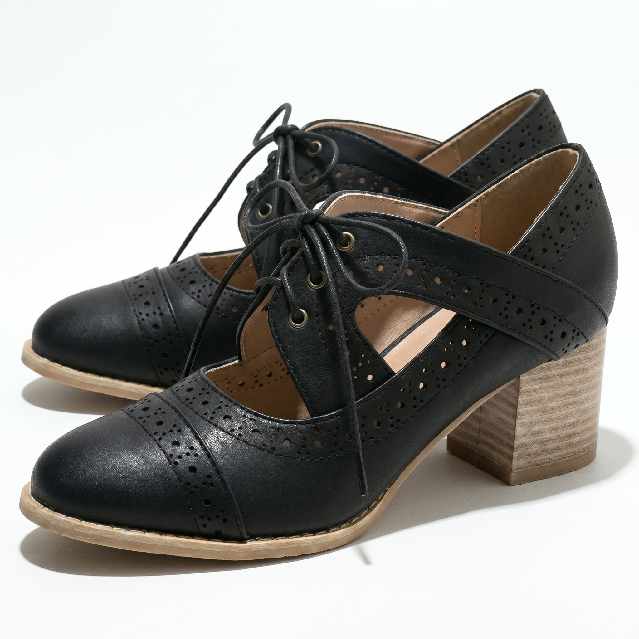 Lottie - Women's Brogue Block Heels - Shoes - Black - Taylor & Bennett