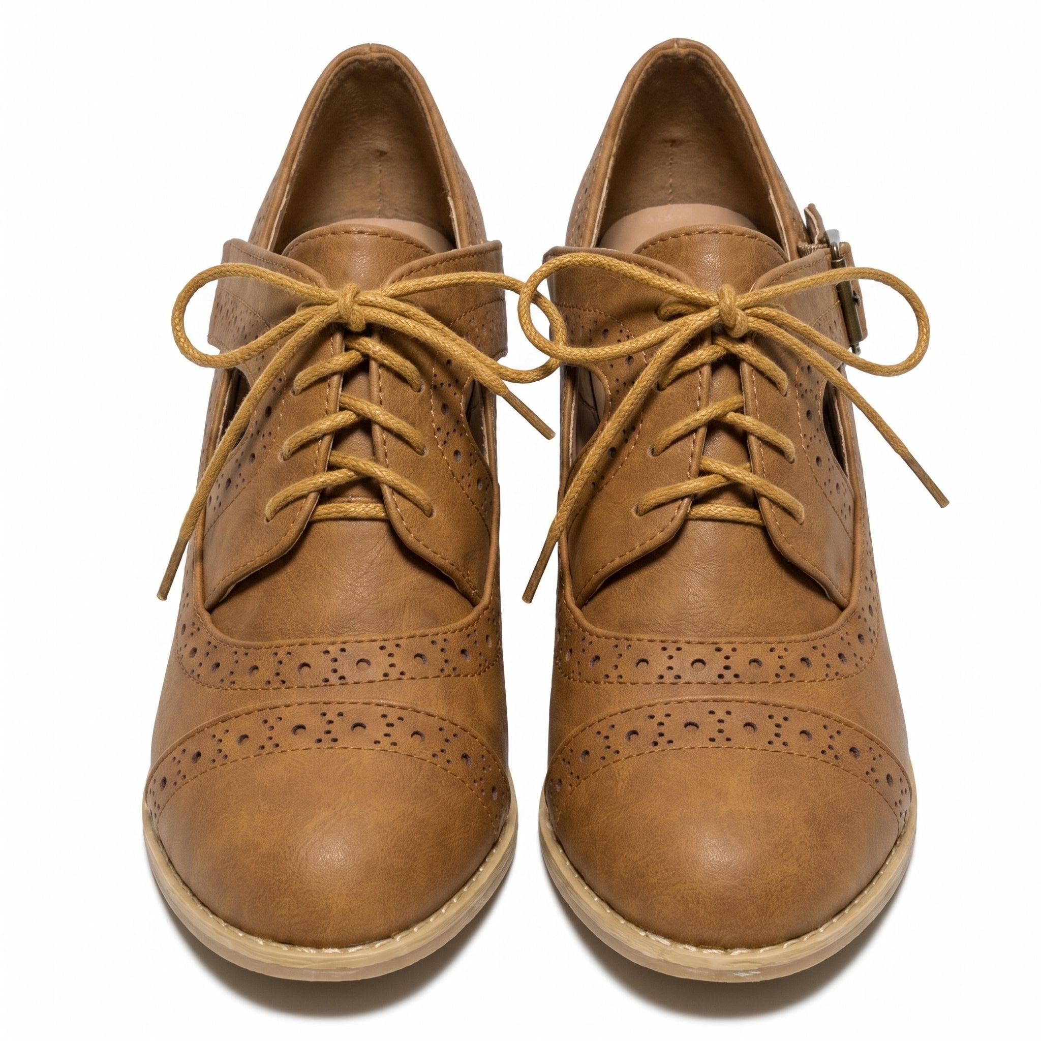 Lottie - Women's Brogue Block Heels - Shoes - Beige - Taylor & Bennett