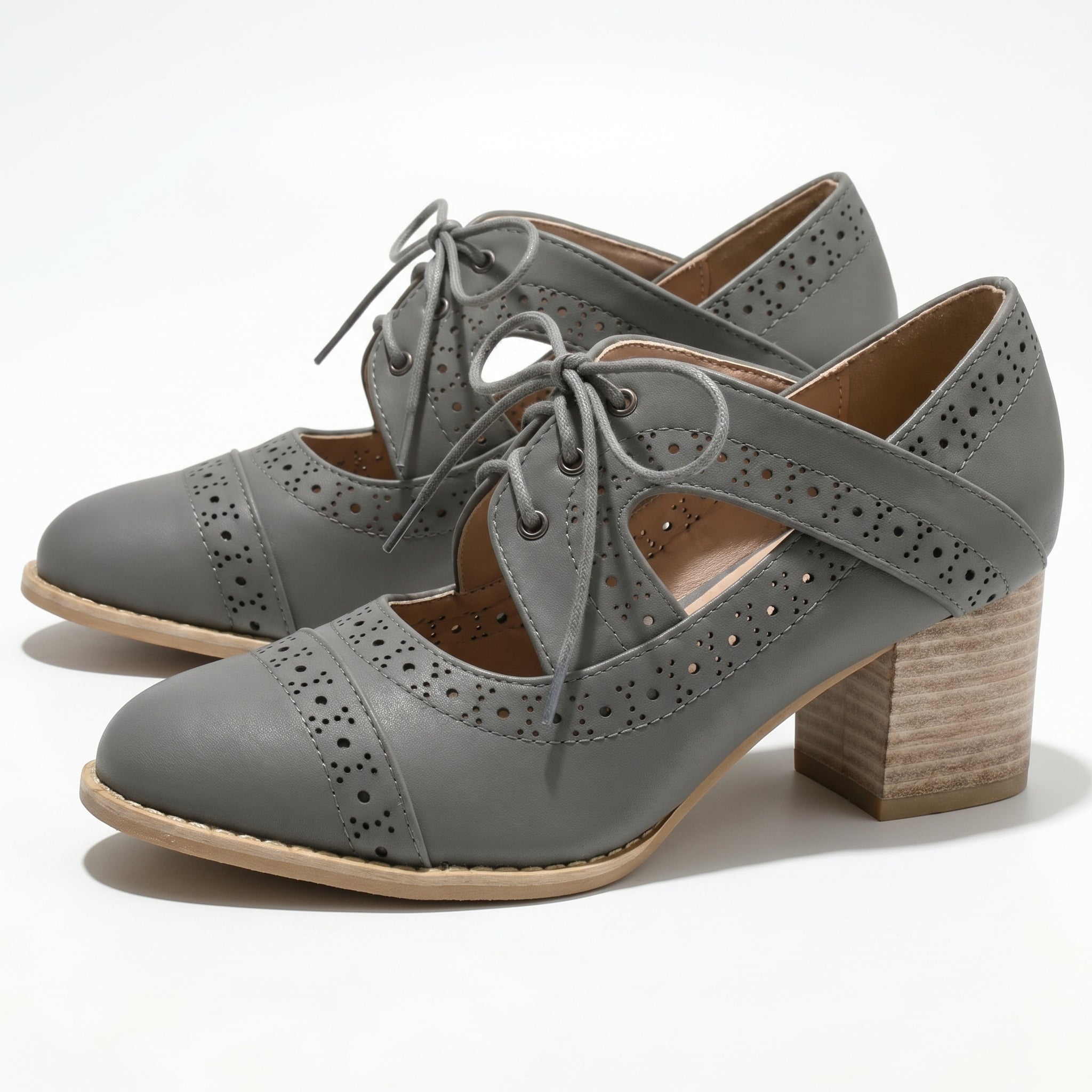 Lottie - Women's Brogue Block Heels - Shoes - Grey - Taylor & Bennett