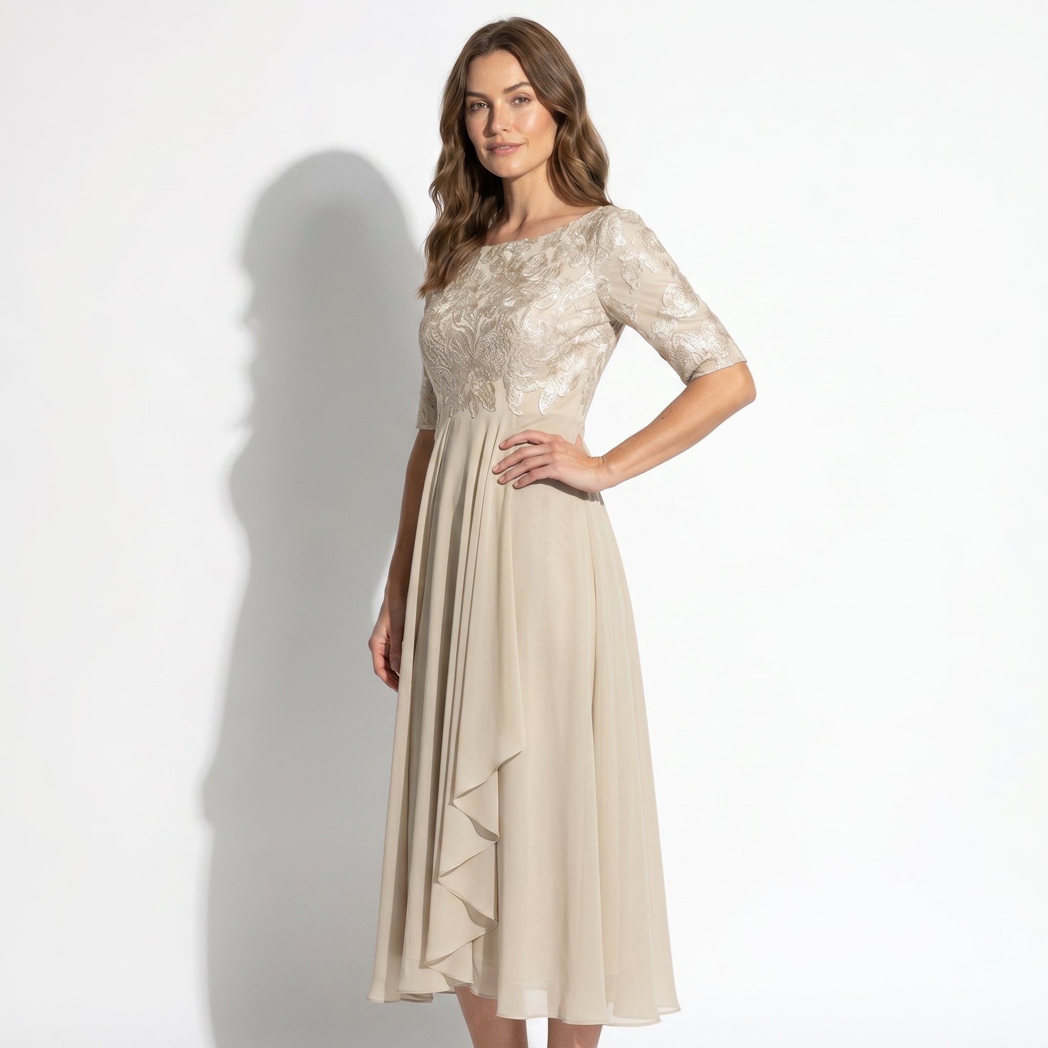 Louisa - Women's Lace and Chiffon Midi Dress - Dress - Light Yellow - Taylor & Bennett