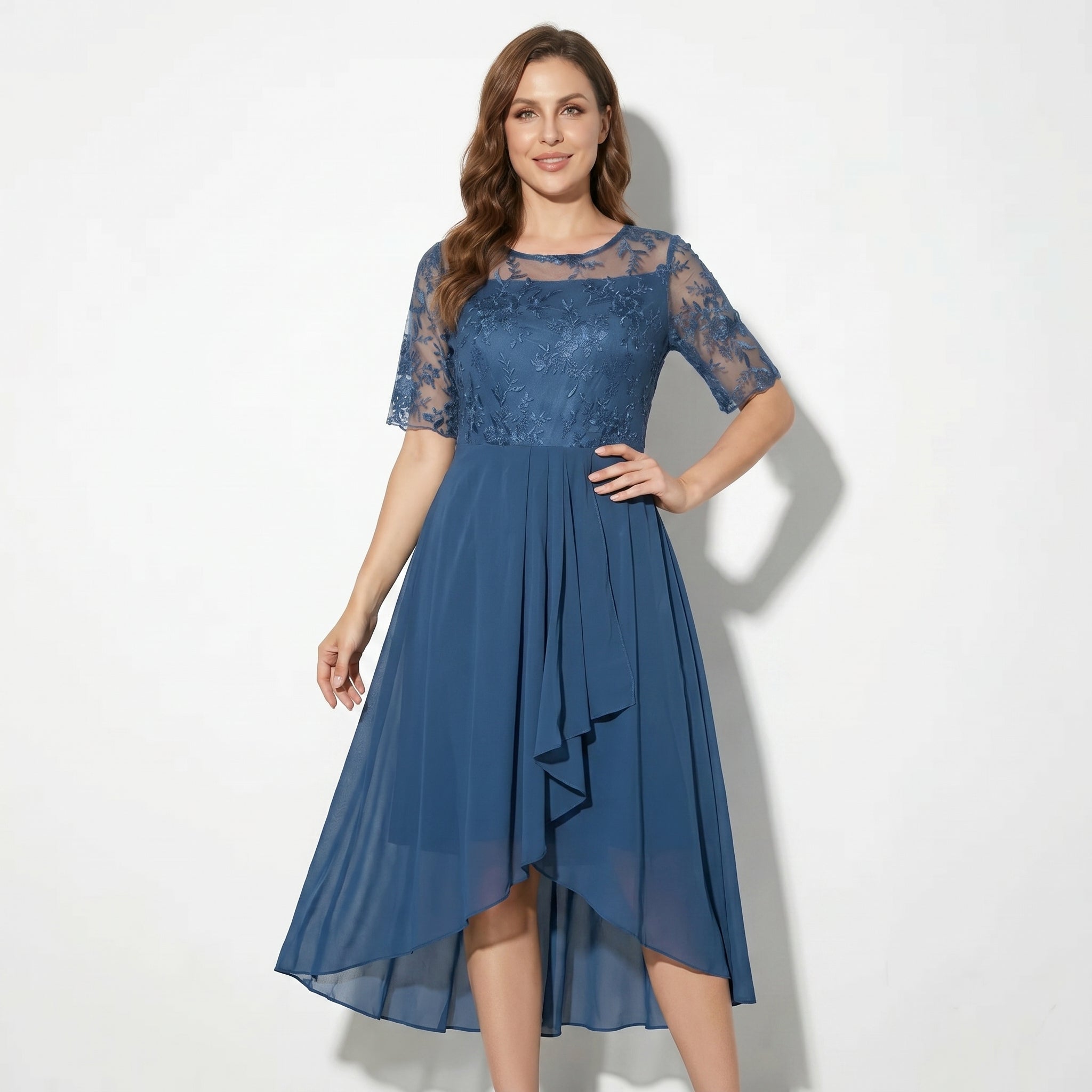 Louisa - Women's Lace and Chiffon Midi Dress - Dress - Blue - Taylor & Bennett