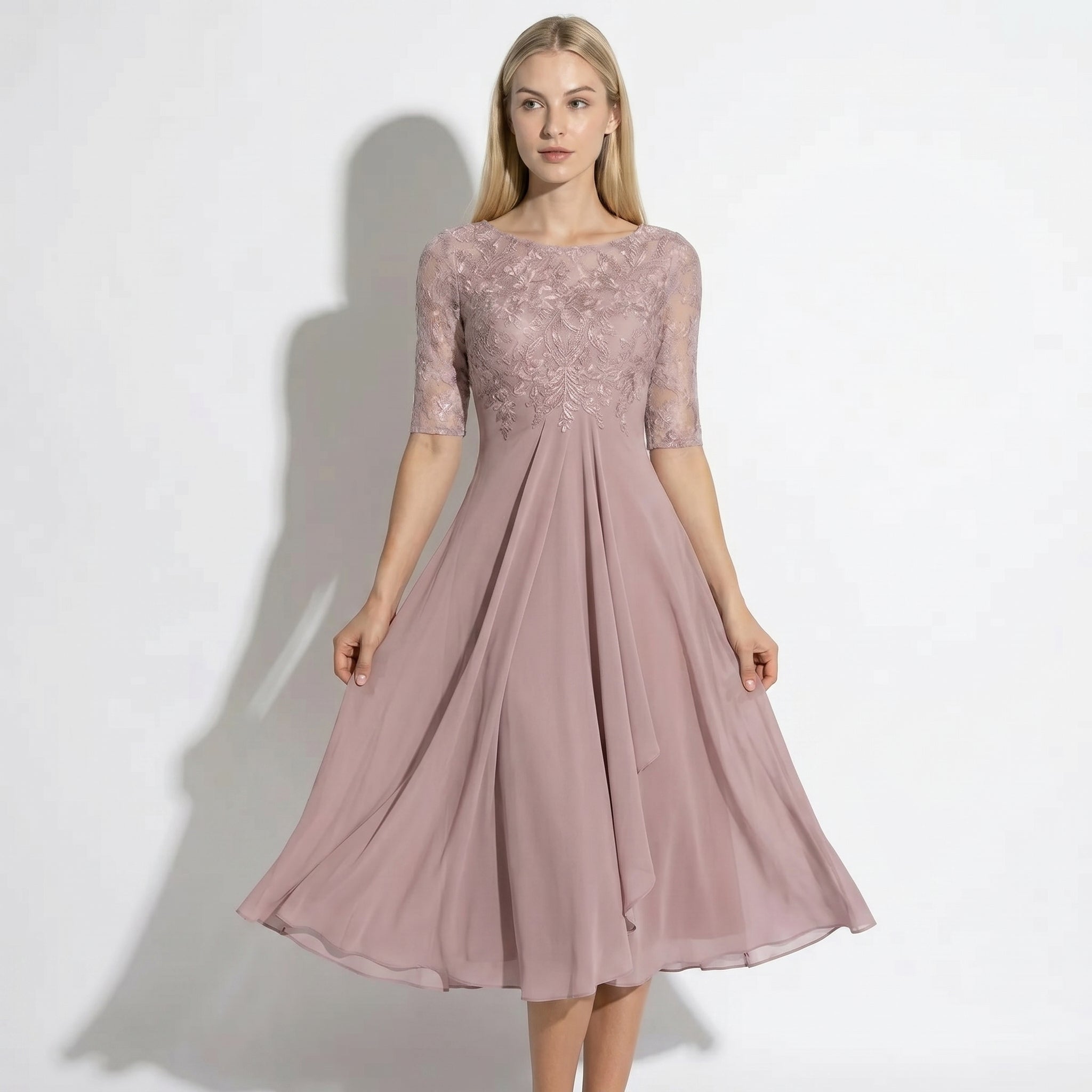 Louisa - Women's Lace and Chiffon Midi Dress - Dress - Pink - Taylor & Bennett