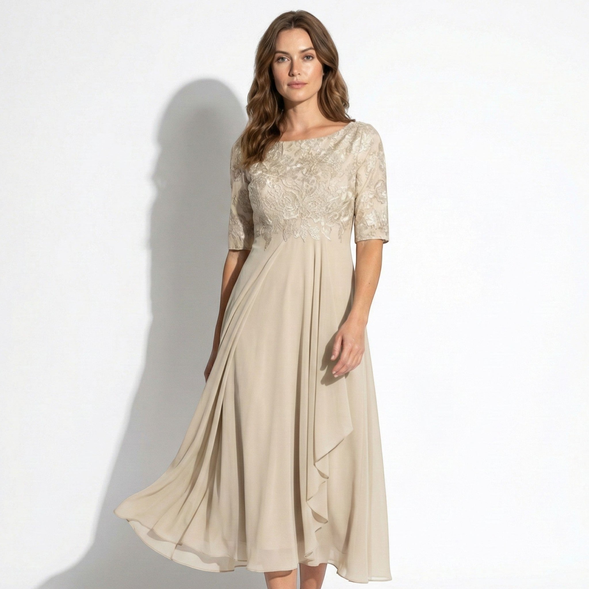 Louisa - Women's Lace and Chiffon Midi Dress - Dress - Light Yellow - Taylor & Bennett