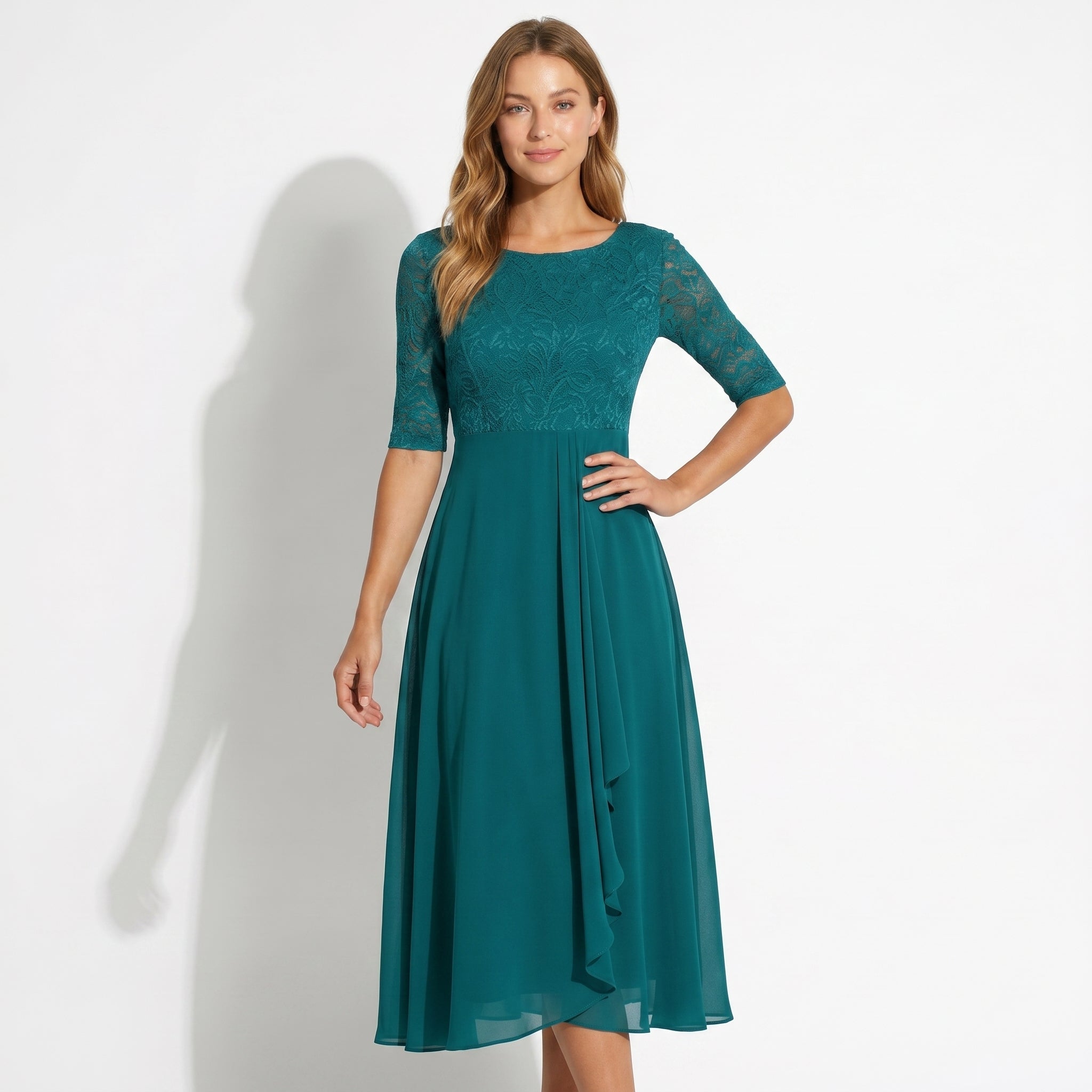 Louisa - Women's Lace and Chiffon Midi Dress - Dress - Dark Green - Taylor & Bennett