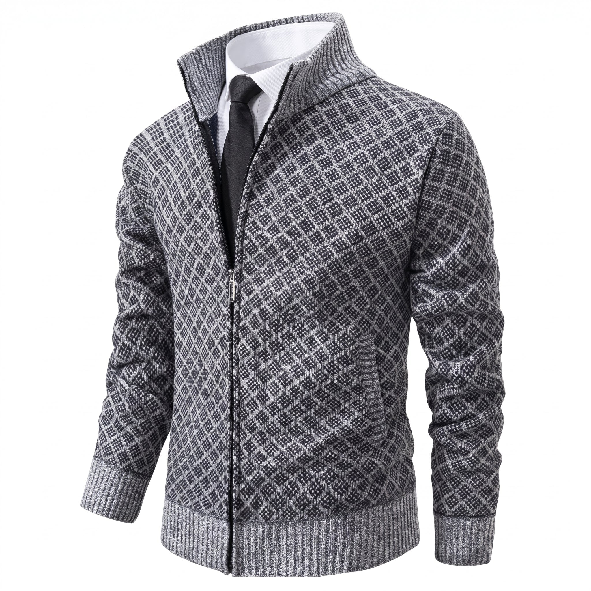 Marcus - Men's Diamond Knit Zip-Up Cardigan with Stand Collar - Cardigans - Grey - Taylor & Bennett