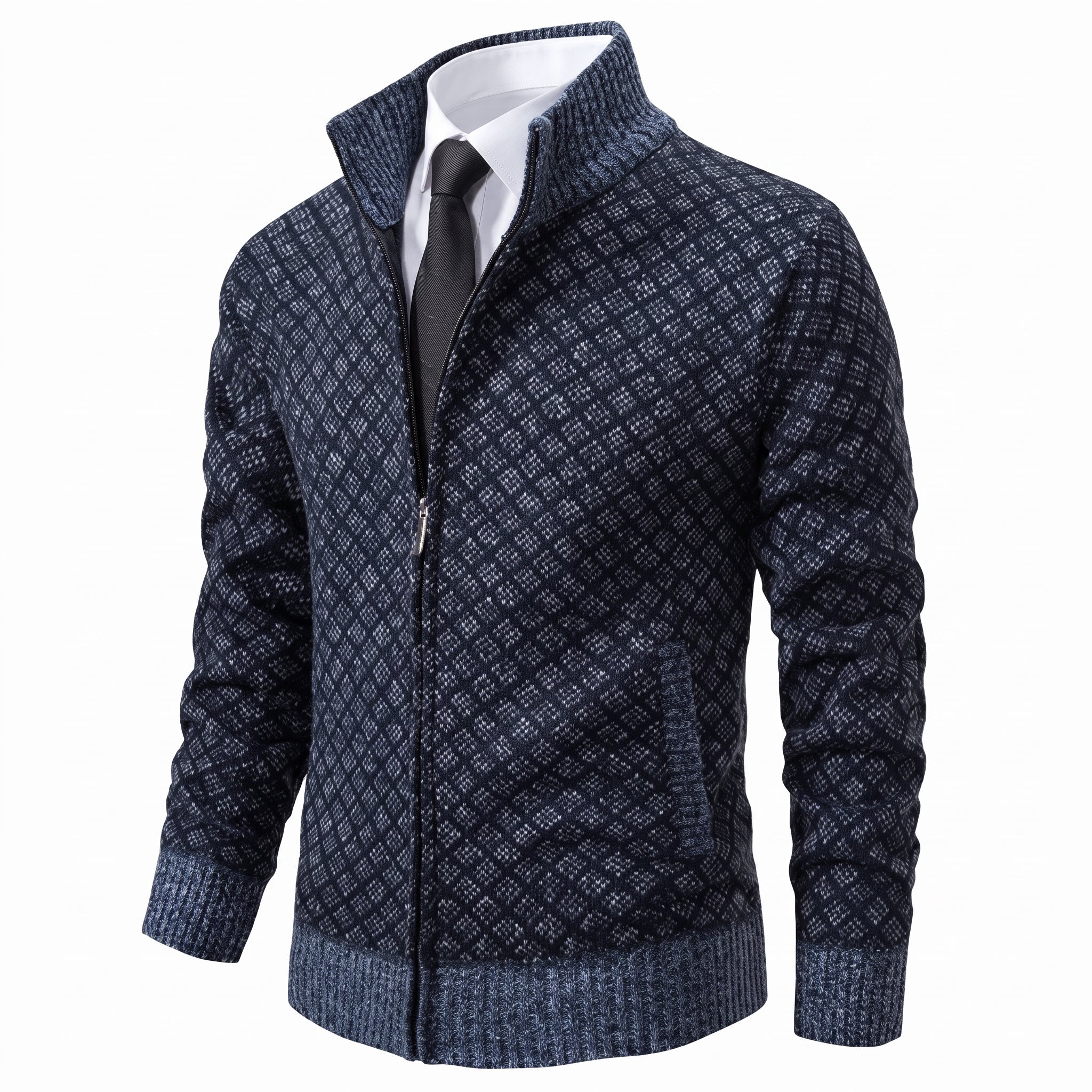 Marcus - Men's Diamond Knit Zip-Up Cardigan with Stand Collar - Cardigans - Blue - Taylor & Bennett