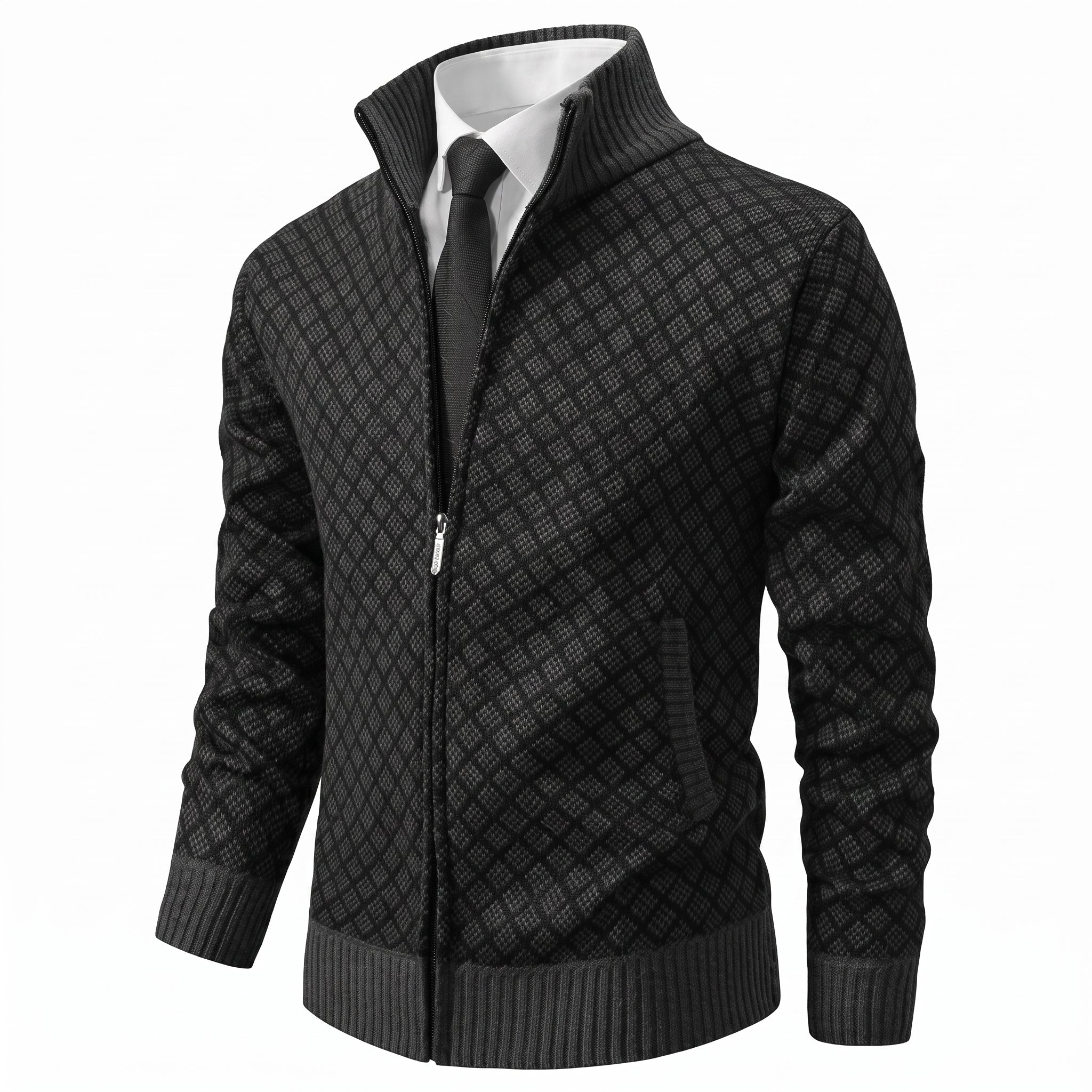Marcus - Men's Diamond Knit Zip-Up Cardigan with Stand Collar - Cardigans - Black - Taylor & Bennett