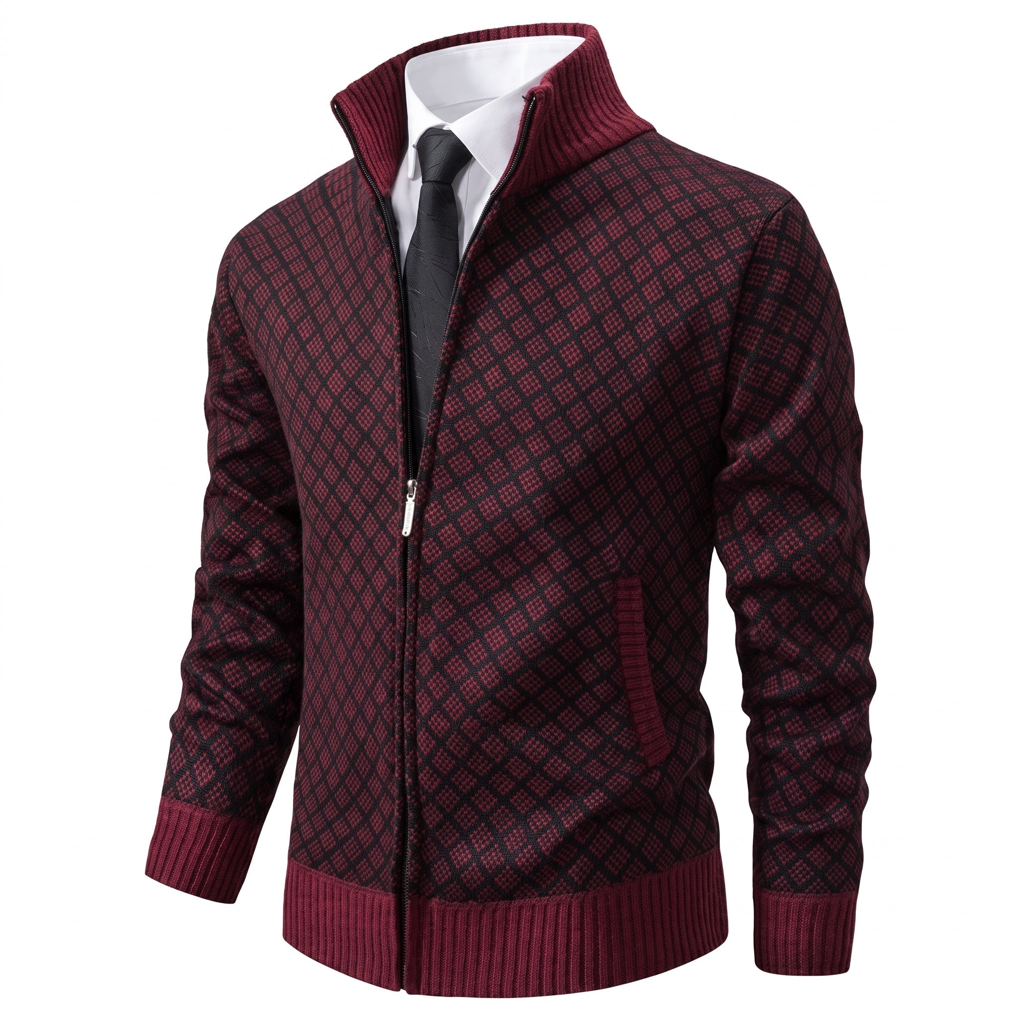 Marcus - Men's Diamond Knit Zip-Up Cardigan with Stand Collar - Cardigans - Burgundy - Taylor & Bennett