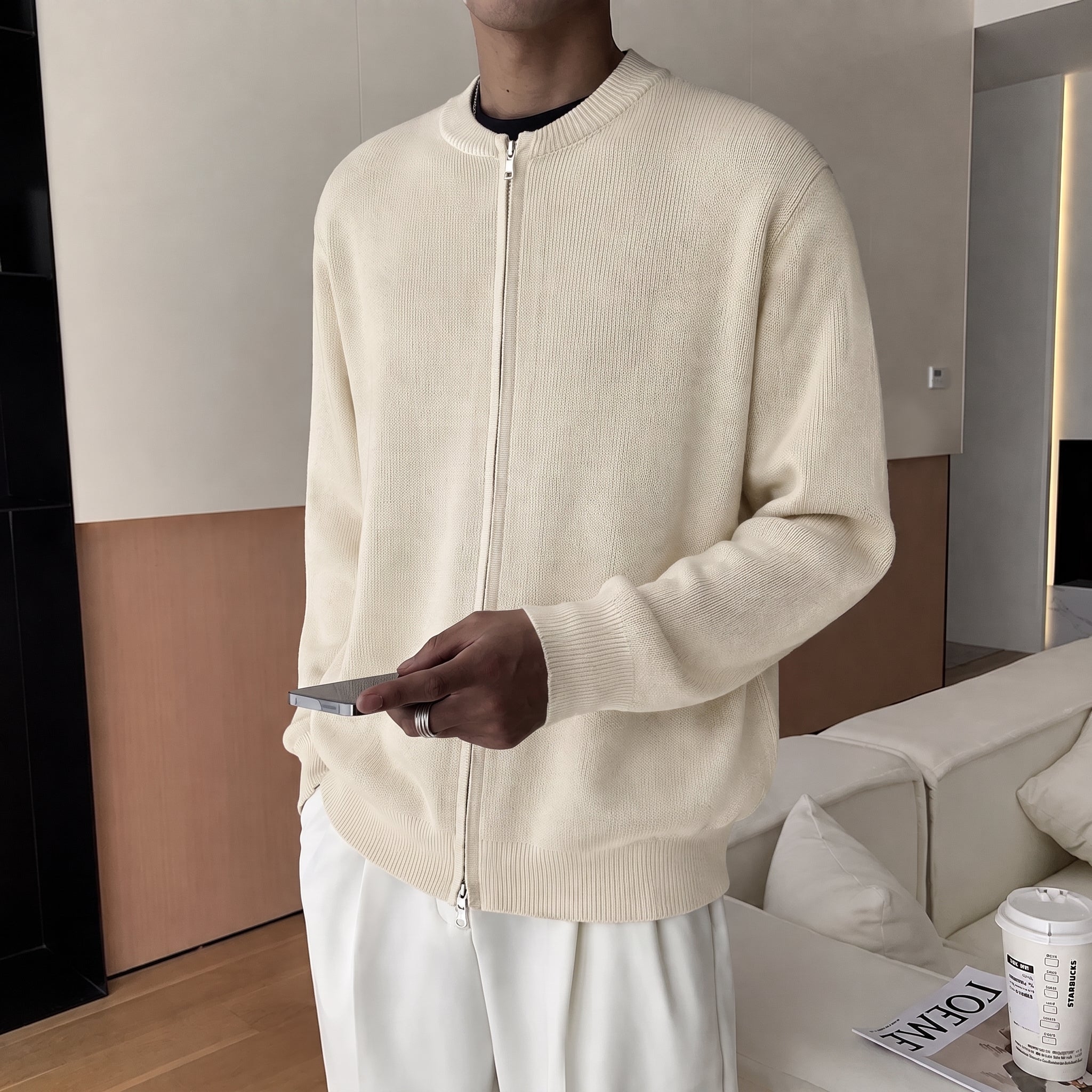 Marcus - Men's Ribbed Zip-Up Cardigan with Bomber Collar - Cardigans - Beige - Taylor & Bennett