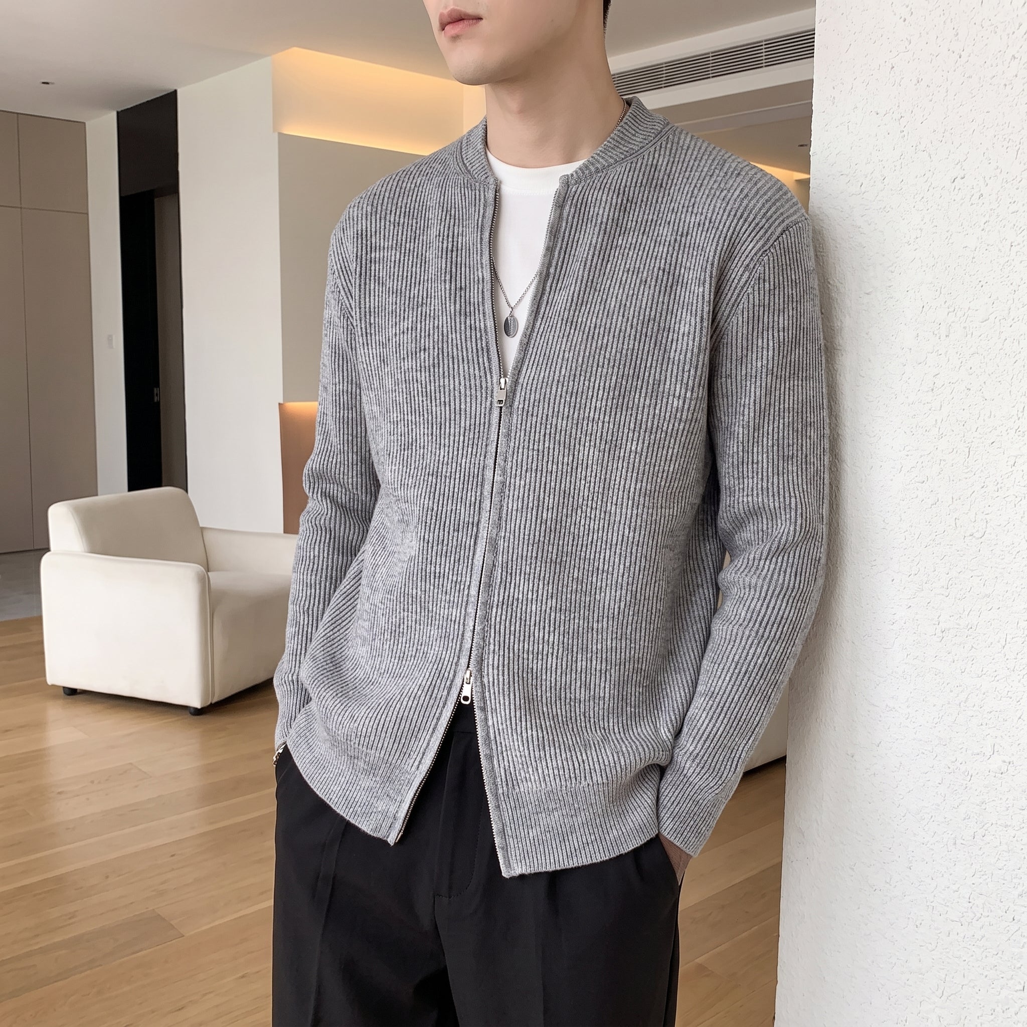 Marcus - Men's Ribbed Zip-Up Cardigan with Bomber Collar - Cardigans - Black - Taylor & Bennett