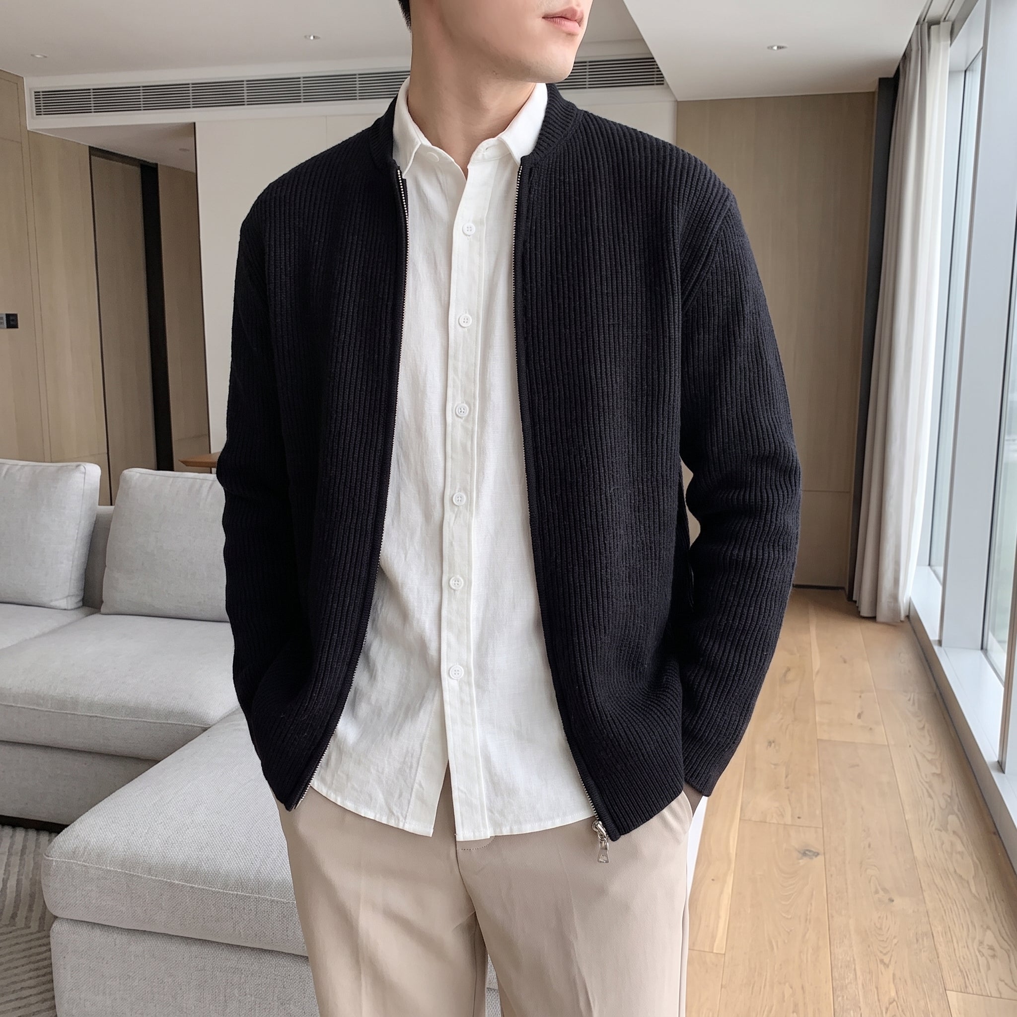 Marcus - Men's Ribbed Zip-Up Cardigan with Bomber Collar - Cardigans - Black - Taylor & Bennett