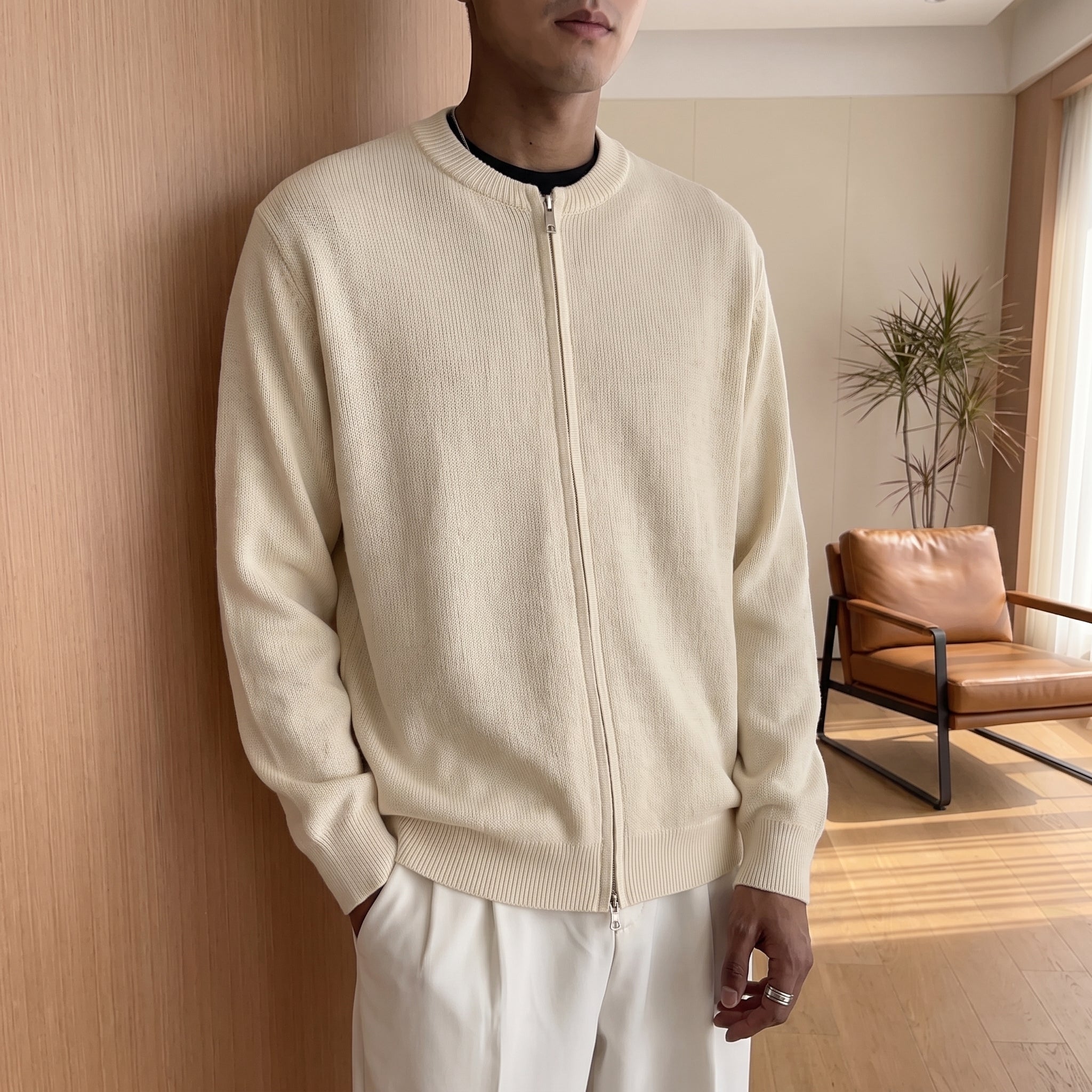 Marcus - Men's Ribbed Zip-Up Cardigan with Bomber Collar - Cardigans - Beige - Taylor & Bennett