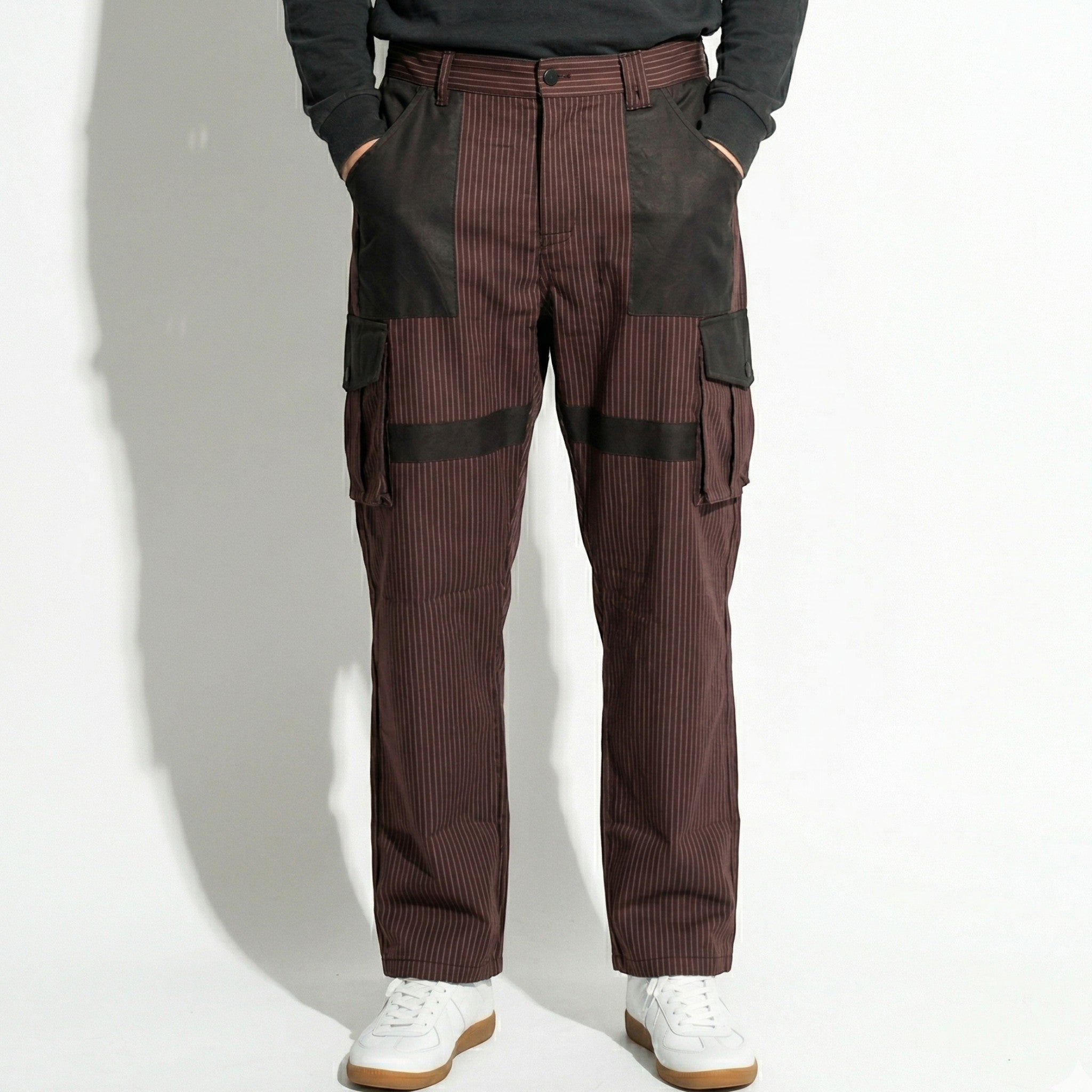 Marcus - Men's Striped Straight Leg Cargo Pants - Trousers - Brown - Taylor & Bennett