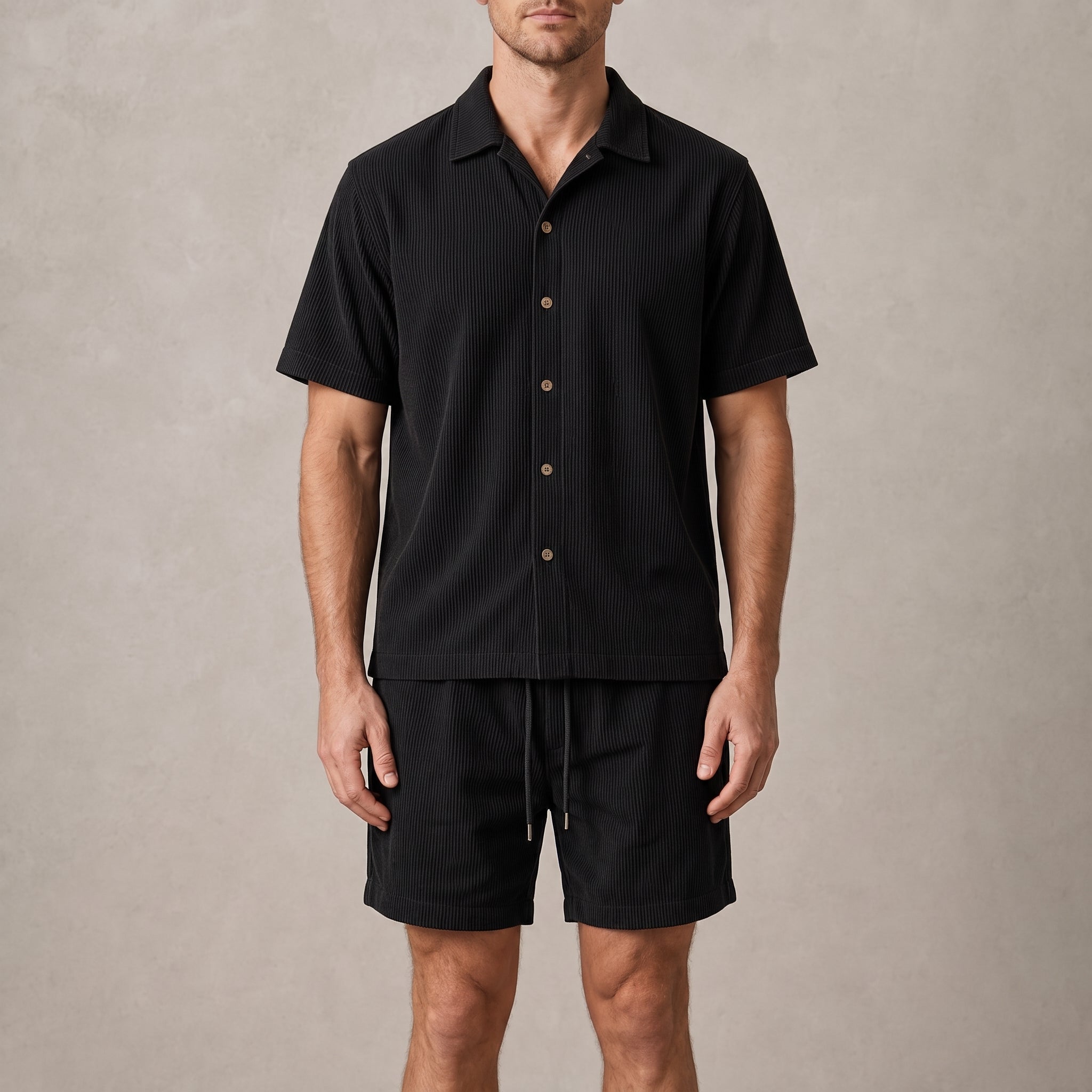 Marcus - Men's Summer Ribbed Texture Point Collar Co-ord Set - Outfit Sets - Black - Taylor & Bennett