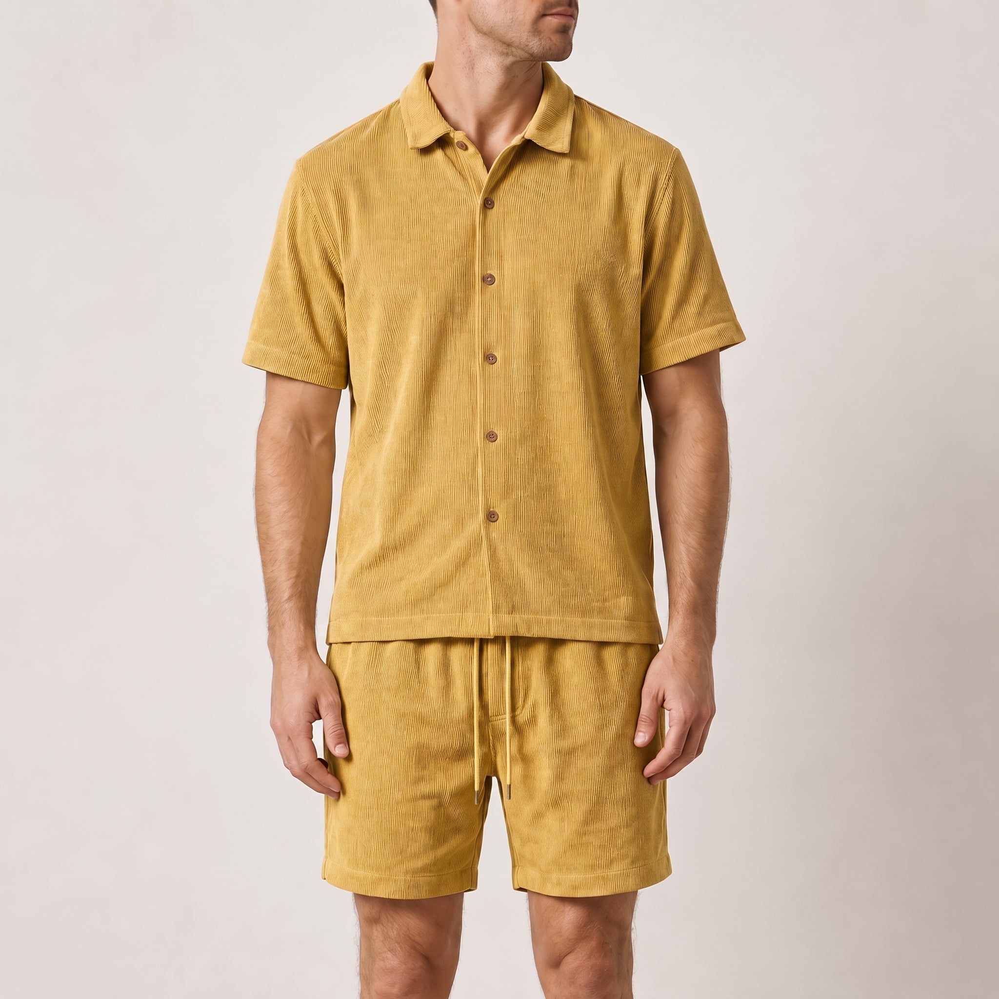 Marcus - Men's Summer Ribbed Texture Point Collar Co-ord Set - Outfit Sets - Yellow - Taylor & Bennett