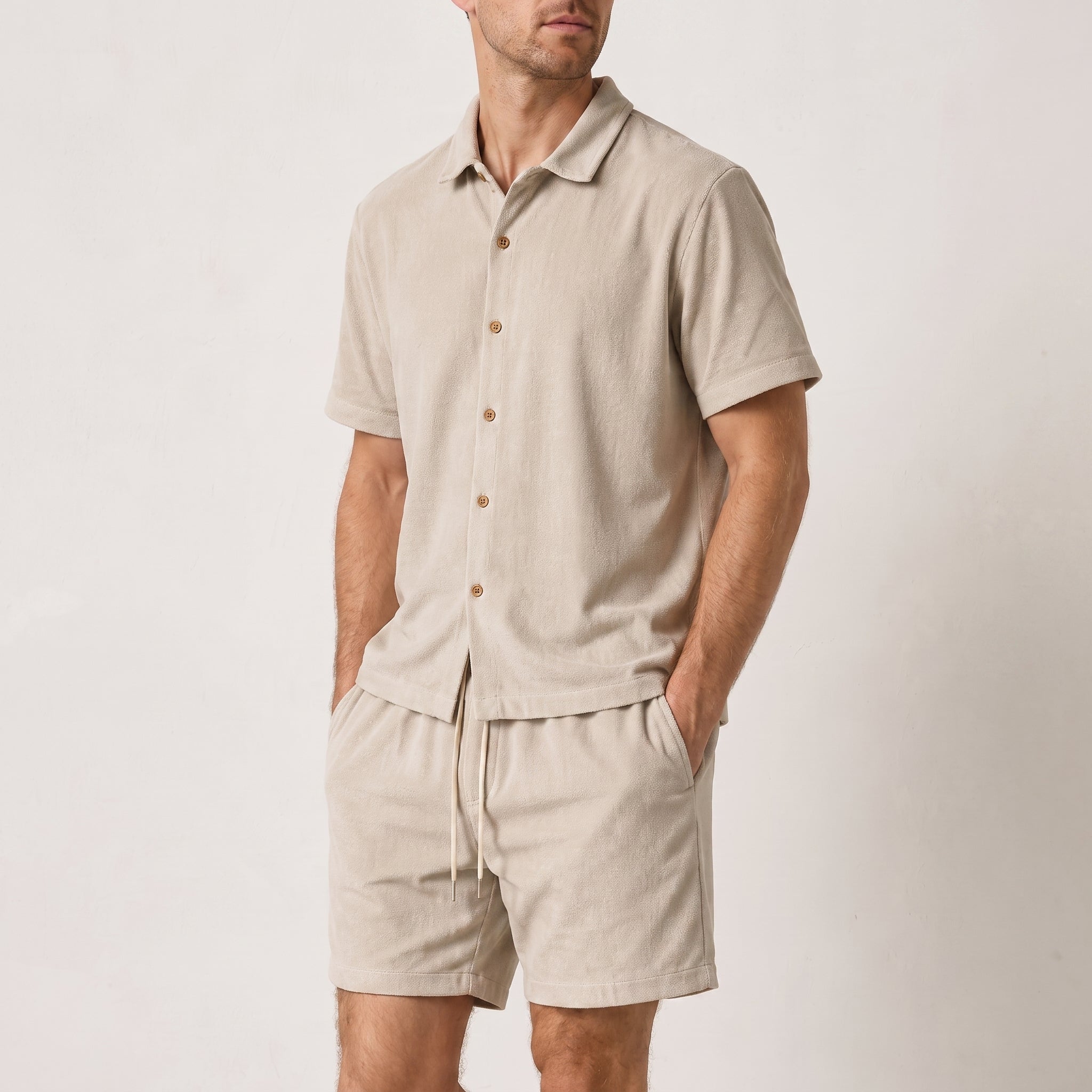 Marcus - Men's Summer Ribbed Texture Point Collar Co-ord Set - Outfit Sets - Beige - Taylor & Bennett