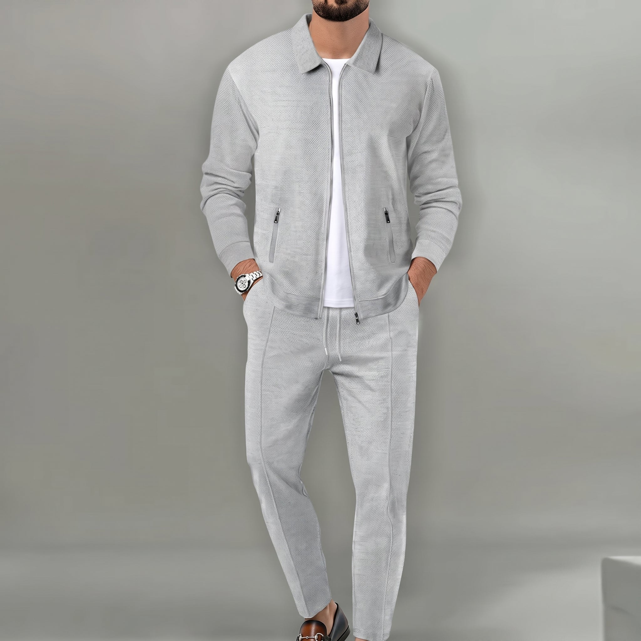 Marcus - Men's Two-Piece Textured Zip-Up Trouser Set - 3-piece sets - Grey - Taylor & Bennett