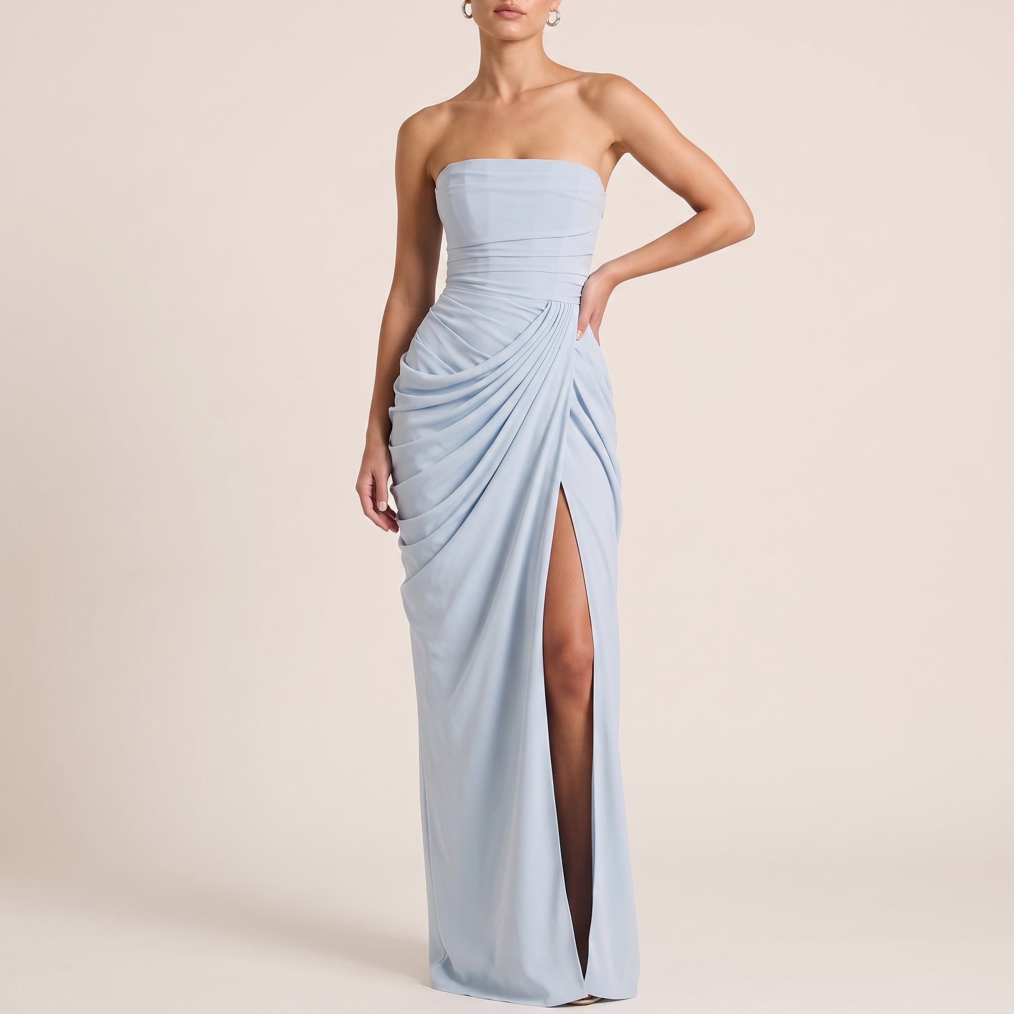 Margot - Women's Bridesmaid Strapless Ruched Maxi Dress - Maxi Dress - Sky Blue - Taylor & Bennett