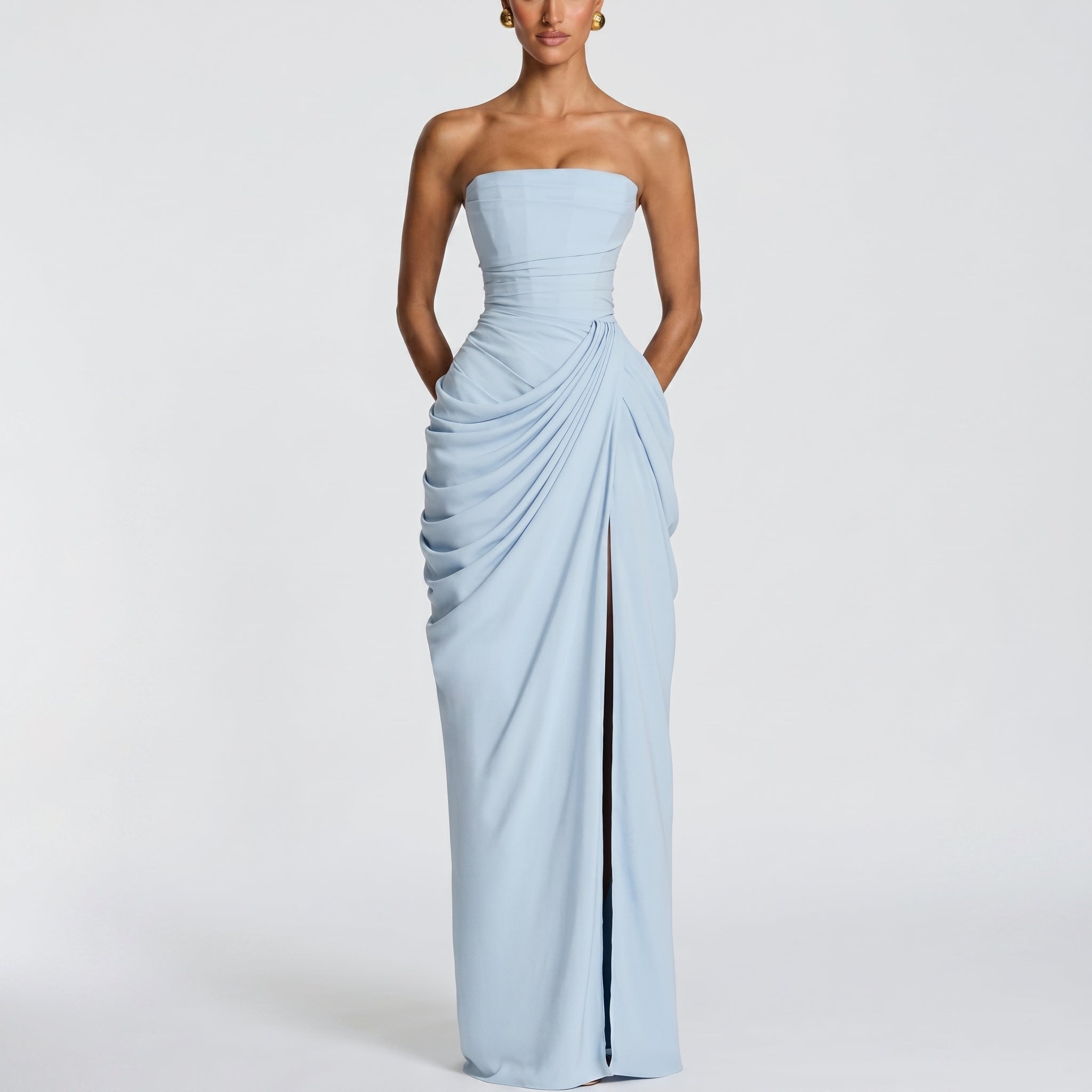 Margot - Women's Bridesmaid Strapless Ruched Maxi Dress - Maxi Dress - Sky Blue - Taylor & Bennett