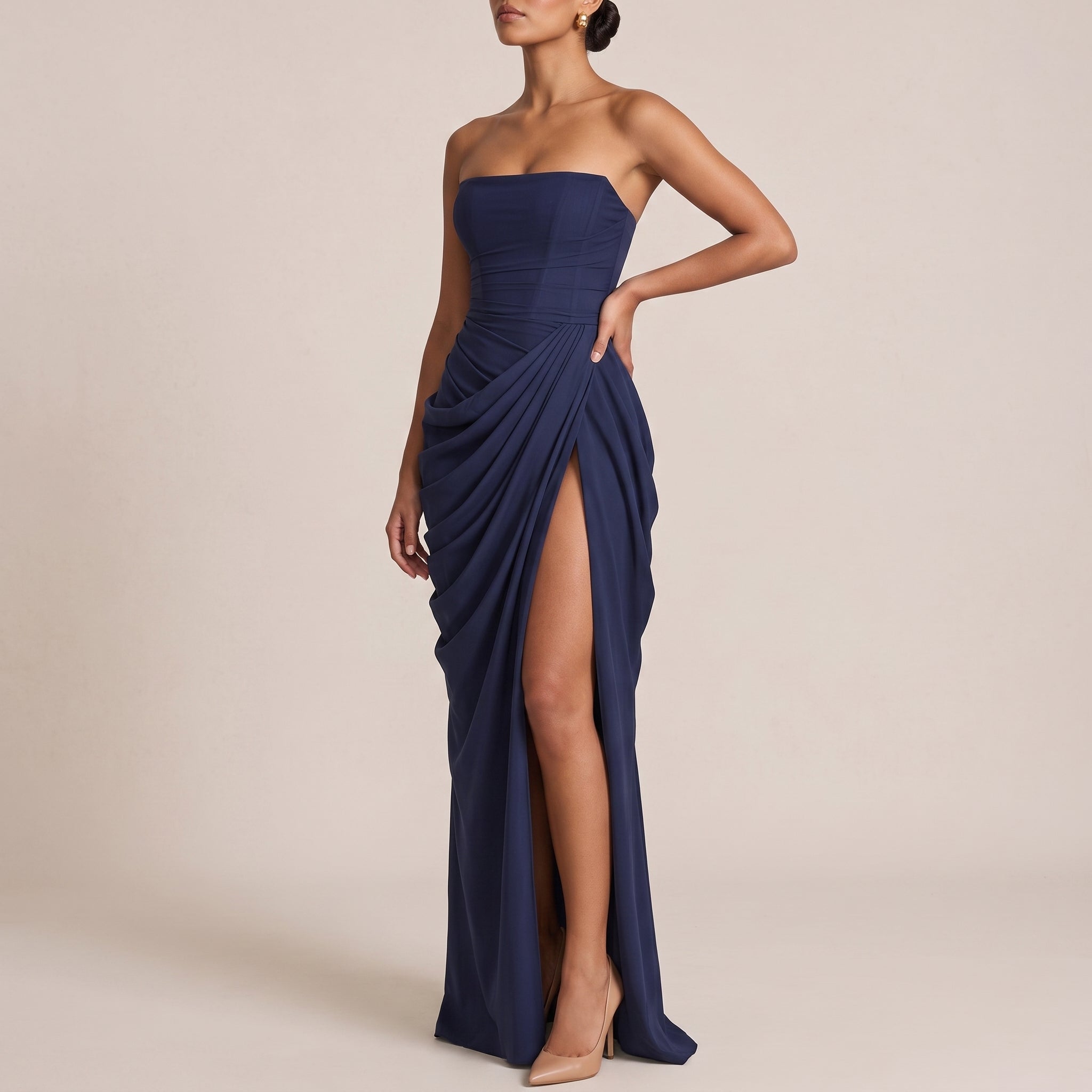 Margot - Women's Bridesmaid Strapless Ruched Maxi Dress - Maxi Dress - Navy Blue - Taylor & Bennett