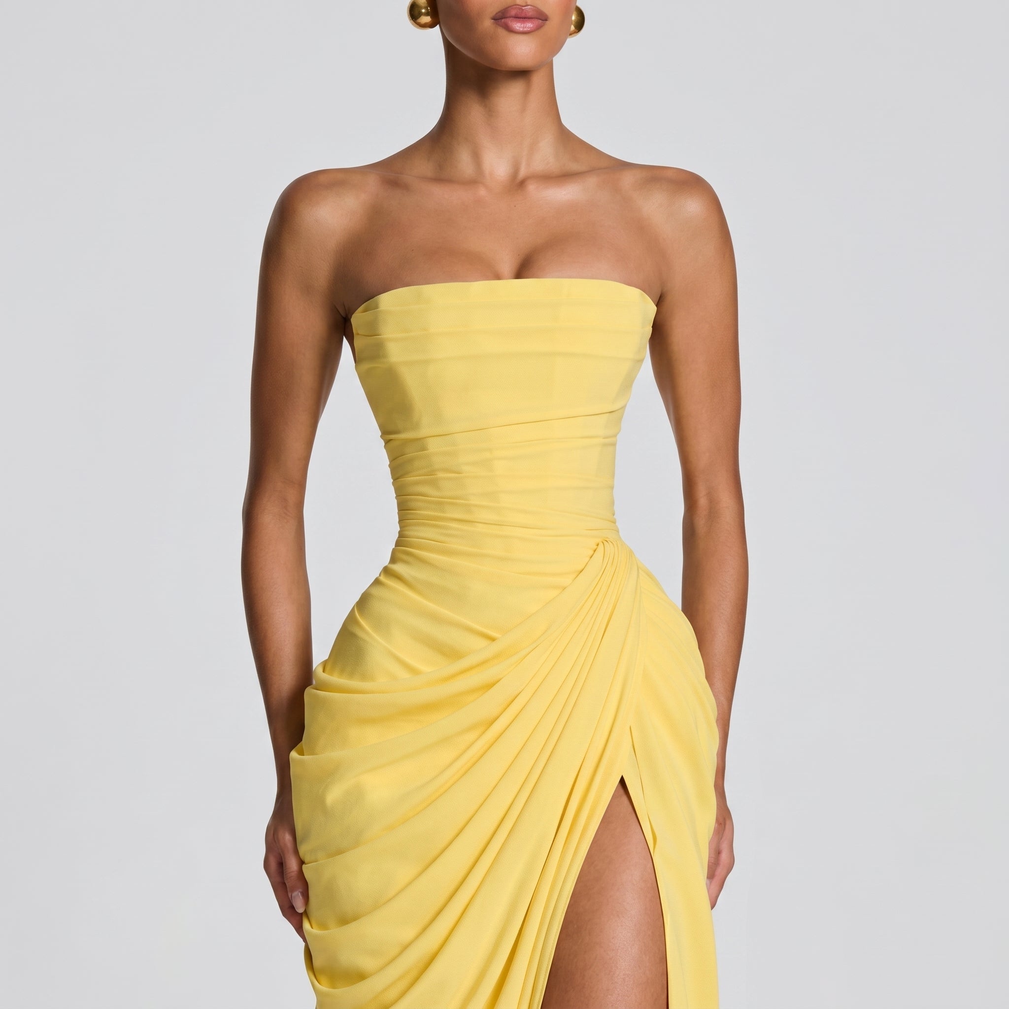 Margot - Women's Bridesmaid Strapless Ruched Maxi Dress - Maxi Dress - Yellow - Taylor & Bennett