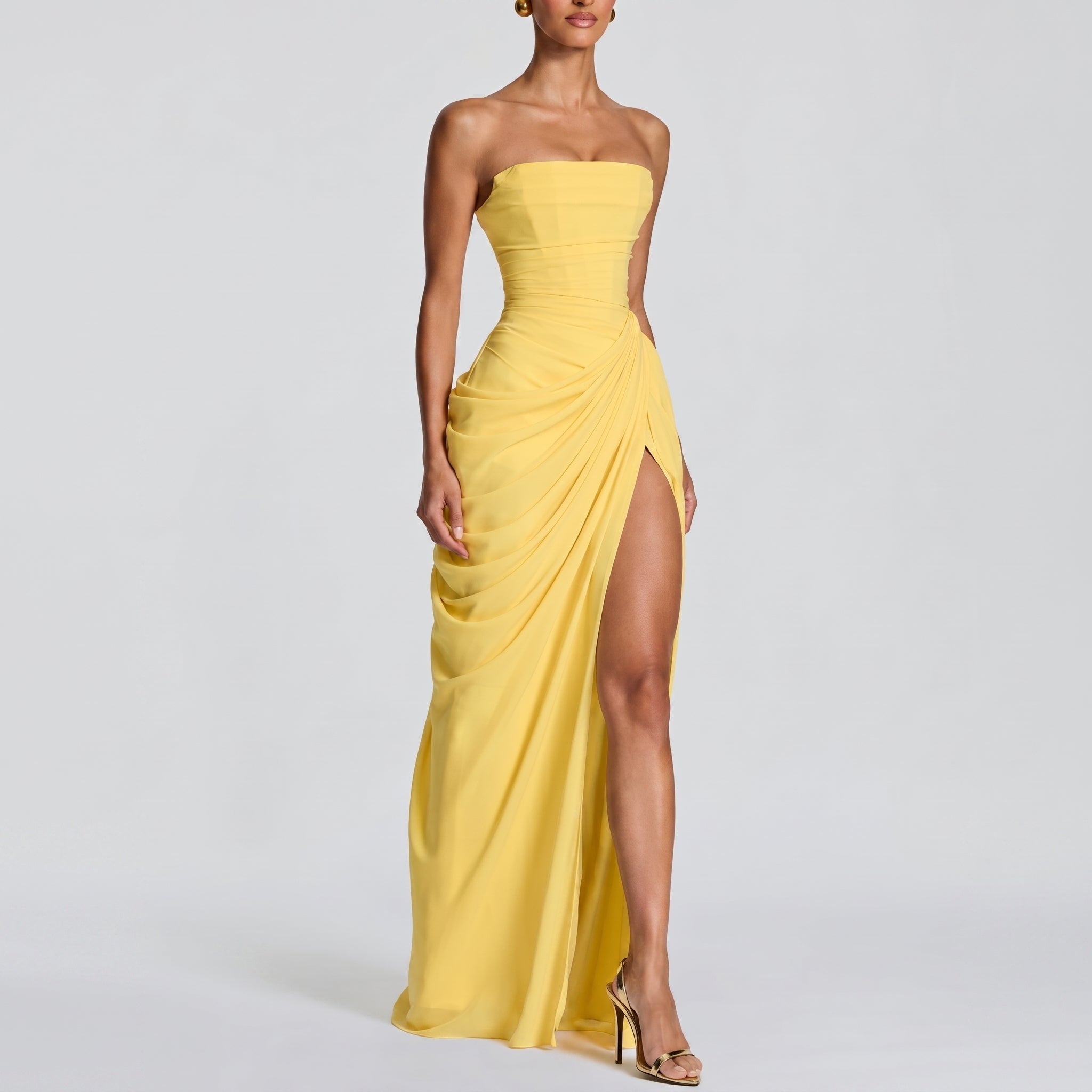 Margot - Women's Bridesmaid Strapless Ruched Maxi Dress - Maxi Dress - Yellow - Taylor & Bennett