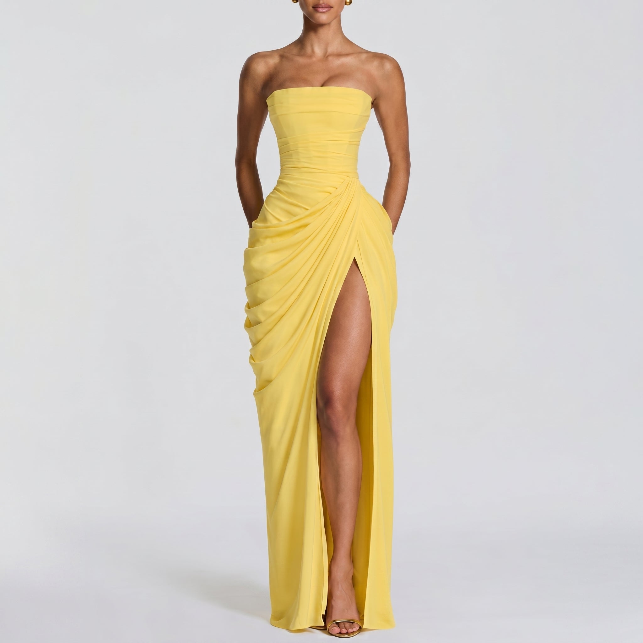 Margot - Women's Bridesmaid Strapless Ruched Maxi Dress - Maxi Dress - Yellow - Taylor & Bennett