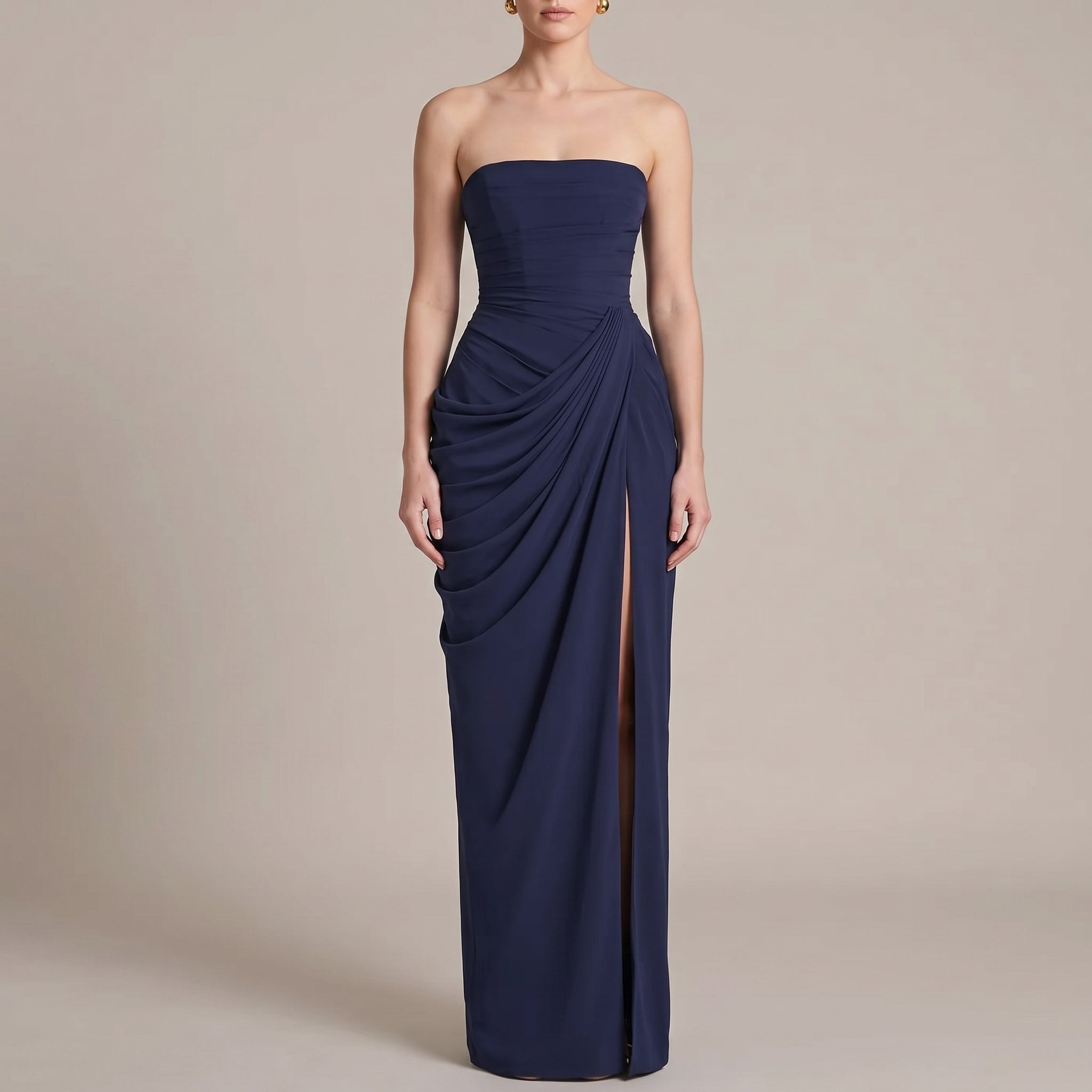 Margot - Women's Bridesmaid Strapless Ruched Maxi Dress - Maxi Dress - Navy Blue - Taylor & Bennett