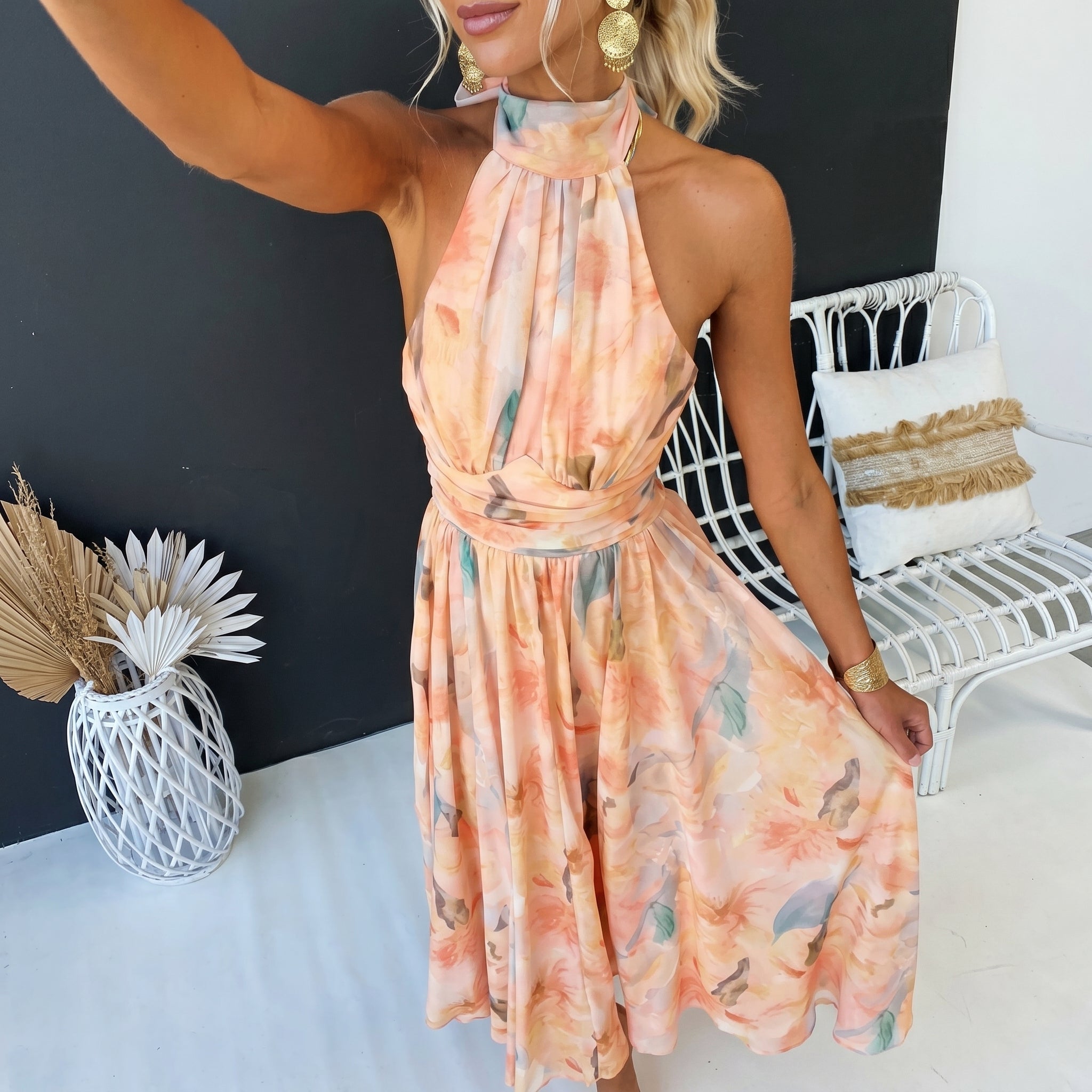 Margot - Women's Wedding Guest Floral Halter Neck Maxi Dress - Dresses - Peach - Taylor & Bennett
