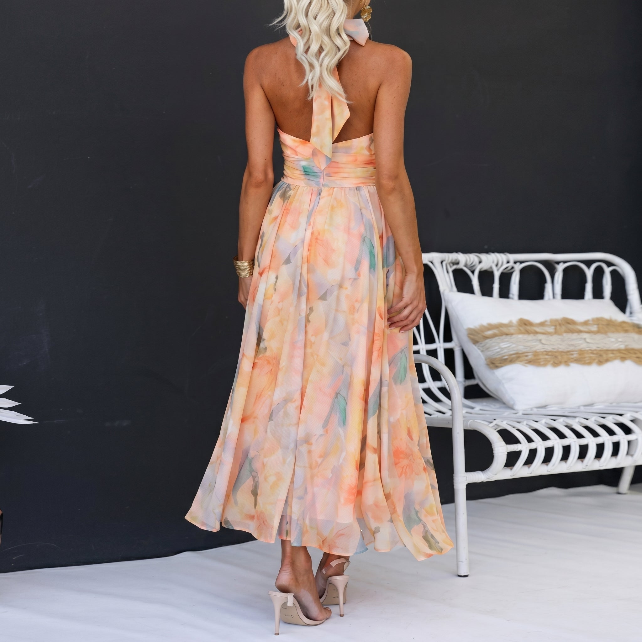 Margot - Women's Wedding Guest Floral Halter Neck Maxi Dress - Dresses - Peach - Taylor & Bennett