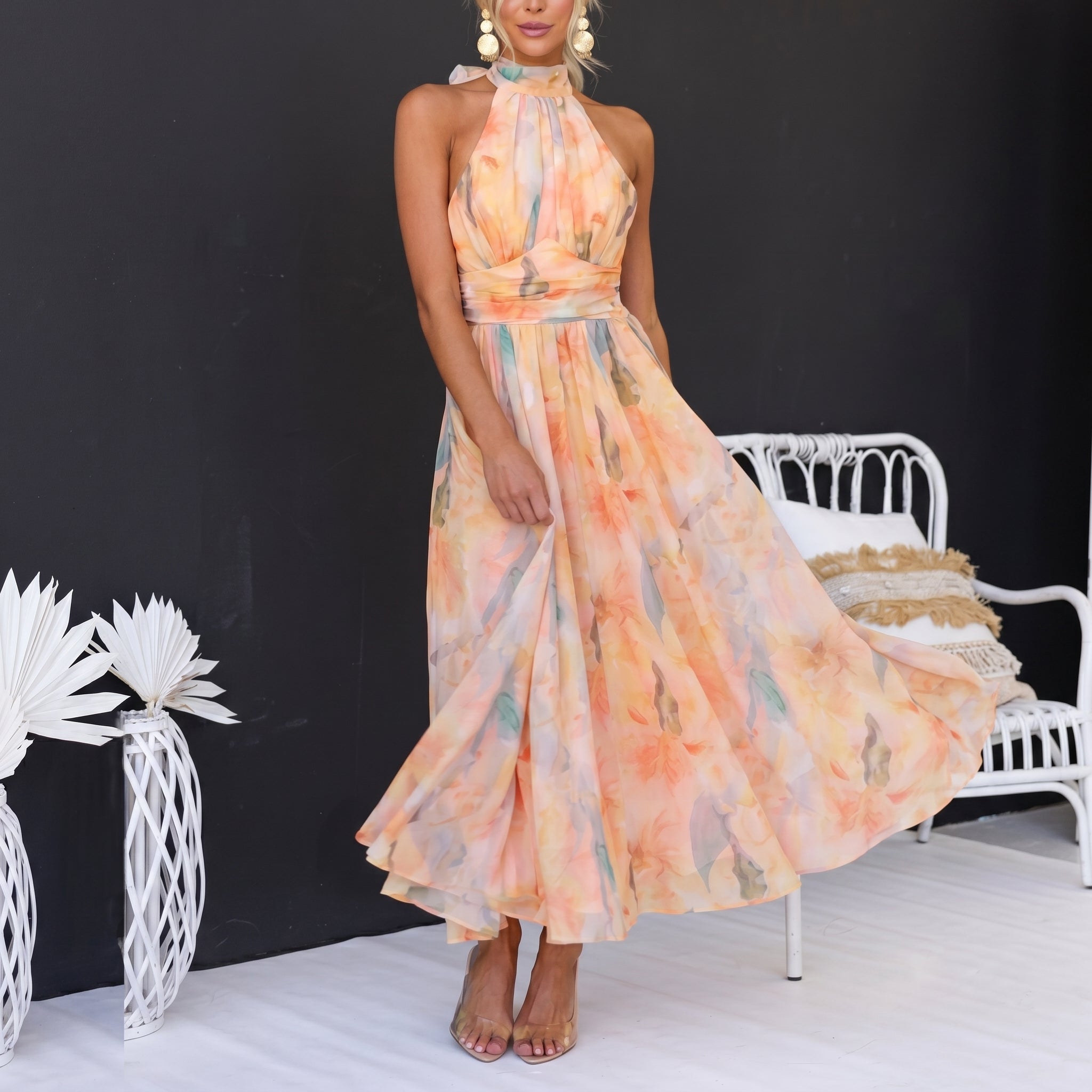 Margot - Women's Wedding Guest Floral Halter Neck Maxi Dress - Dresses - Peach - Taylor & Bennett