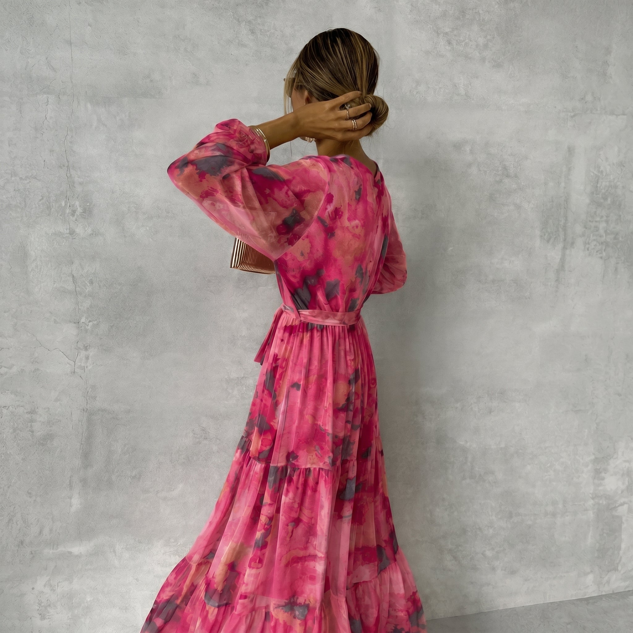 Margot - Women's Wedding Guest Printed Belted Maxi Dress - Dresses - Rose Red - Taylor & Bennett