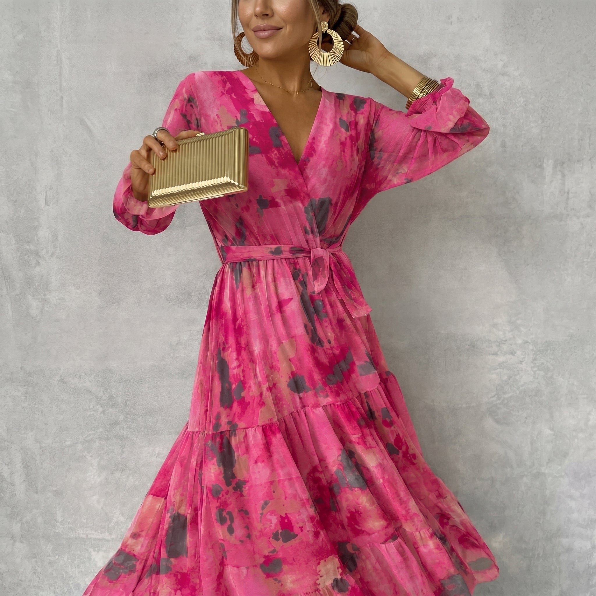 Margot - Women's Wedding Guest Printed Belted Maxi Dress - Dresses - Rose Red - Taylor & Bennett