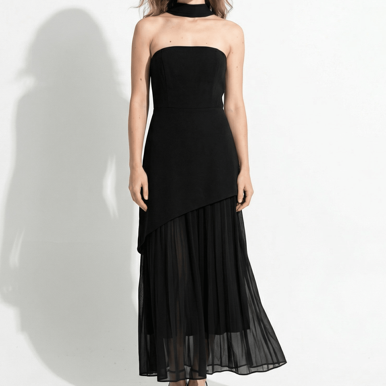 Mary - Women's Strapless Maxi Dress with Asymmetrical Hem - Maxi Dress - Black - Taylor & Bennett