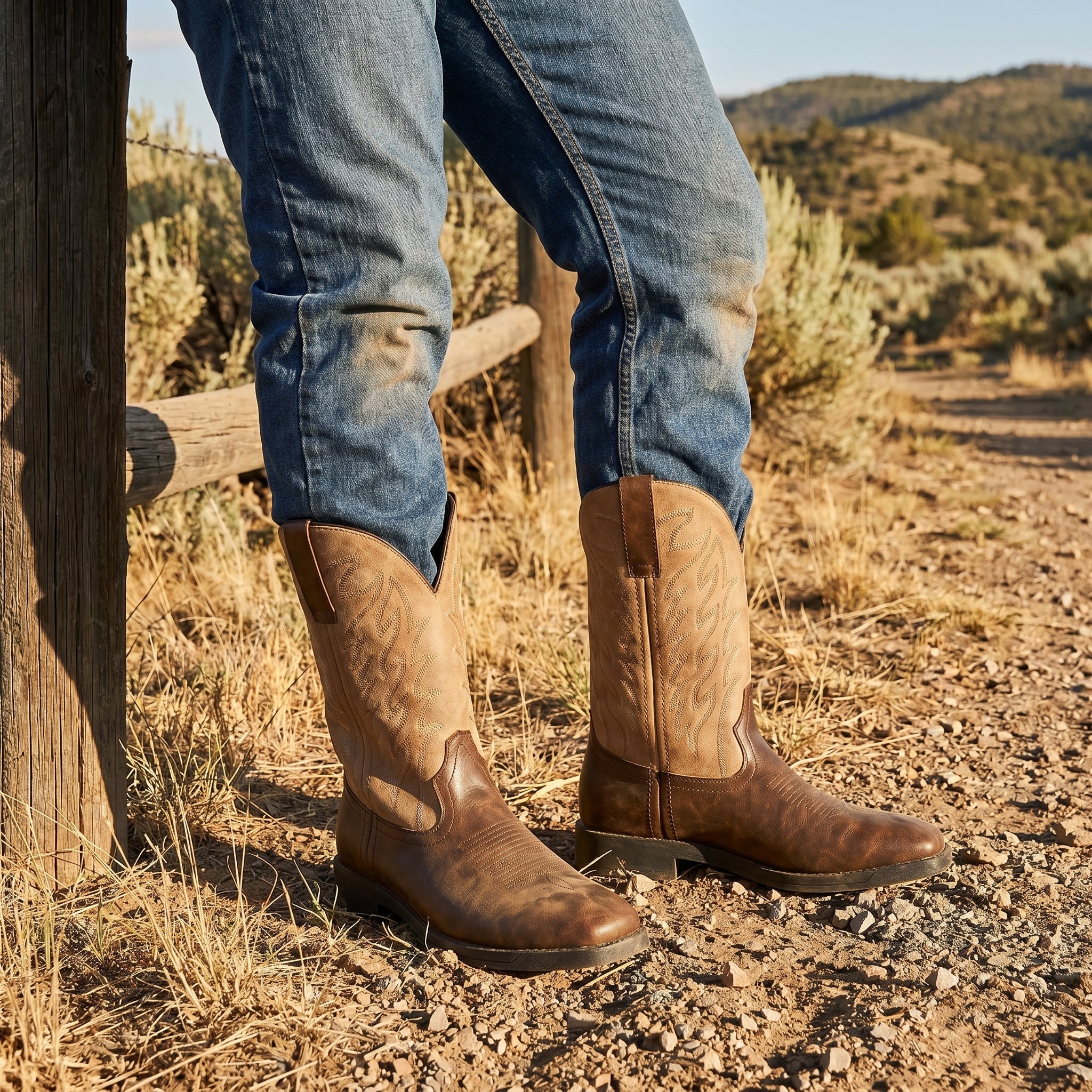 Matthew - Men's Embroidered Square Toe Western Cowboy Boots - Boots - Khaki - Taylor & Bennett