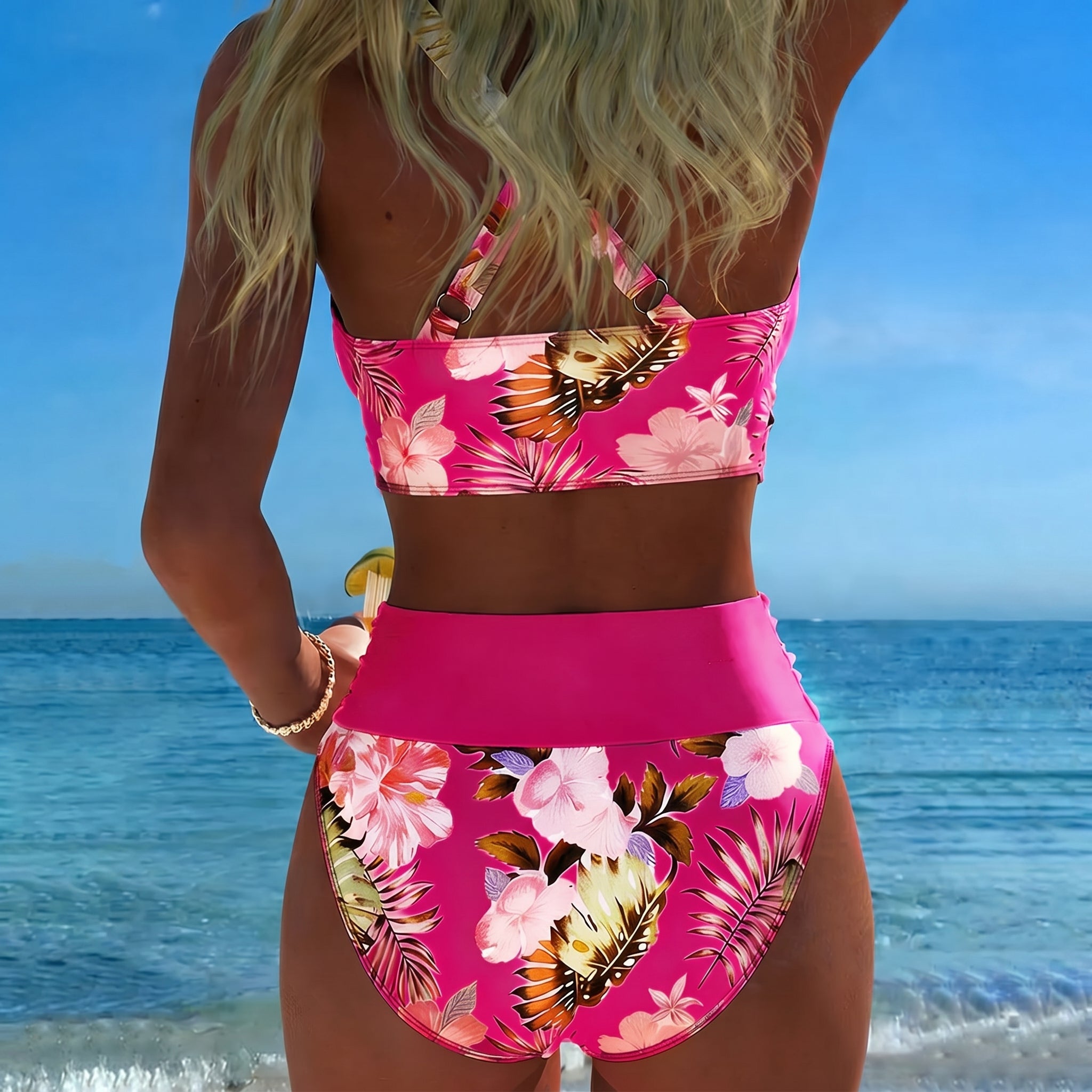 Maya - Women's High - Waisted Two - Piece Bikini Set - Split Bikini - Rose Red - Taylor & Bennett
