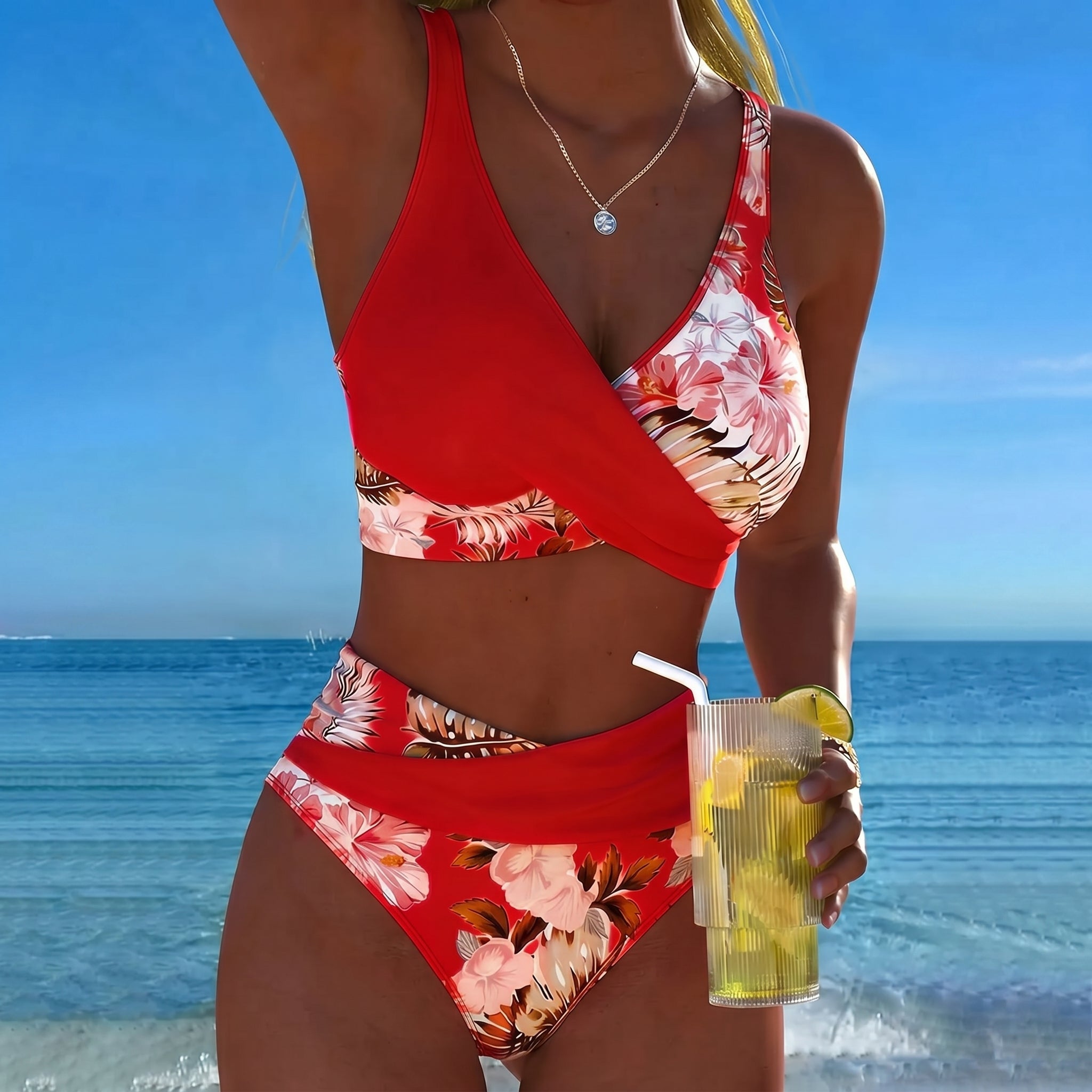 Maya - Women's High - Waisted Two - Piece Bikini Set - Split Bikini - Red - Taylor & Bennett