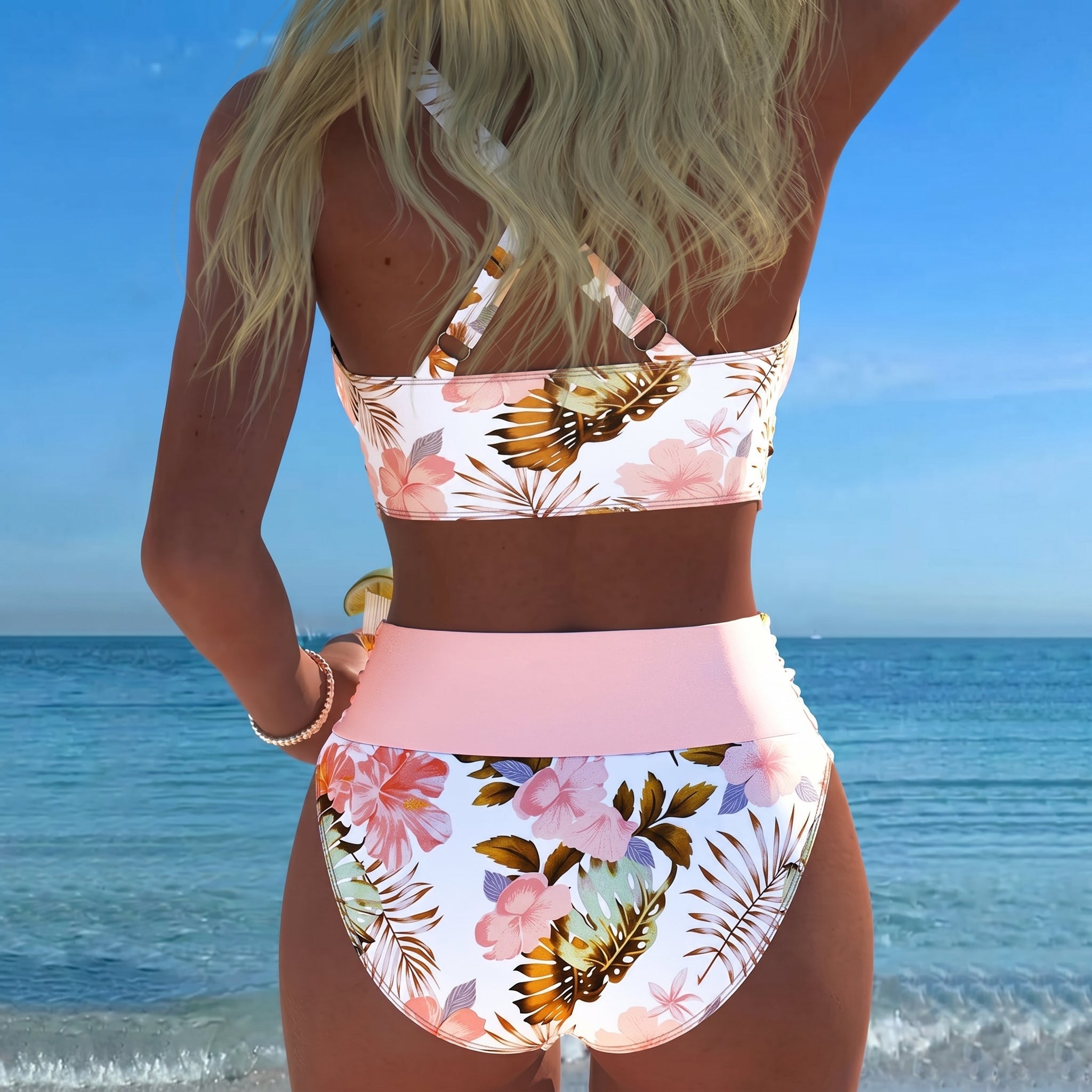 Maya - Women's High - Waisted Two - Piece Bikini Set - Split Bikini - Pink - Taylor & Bennett