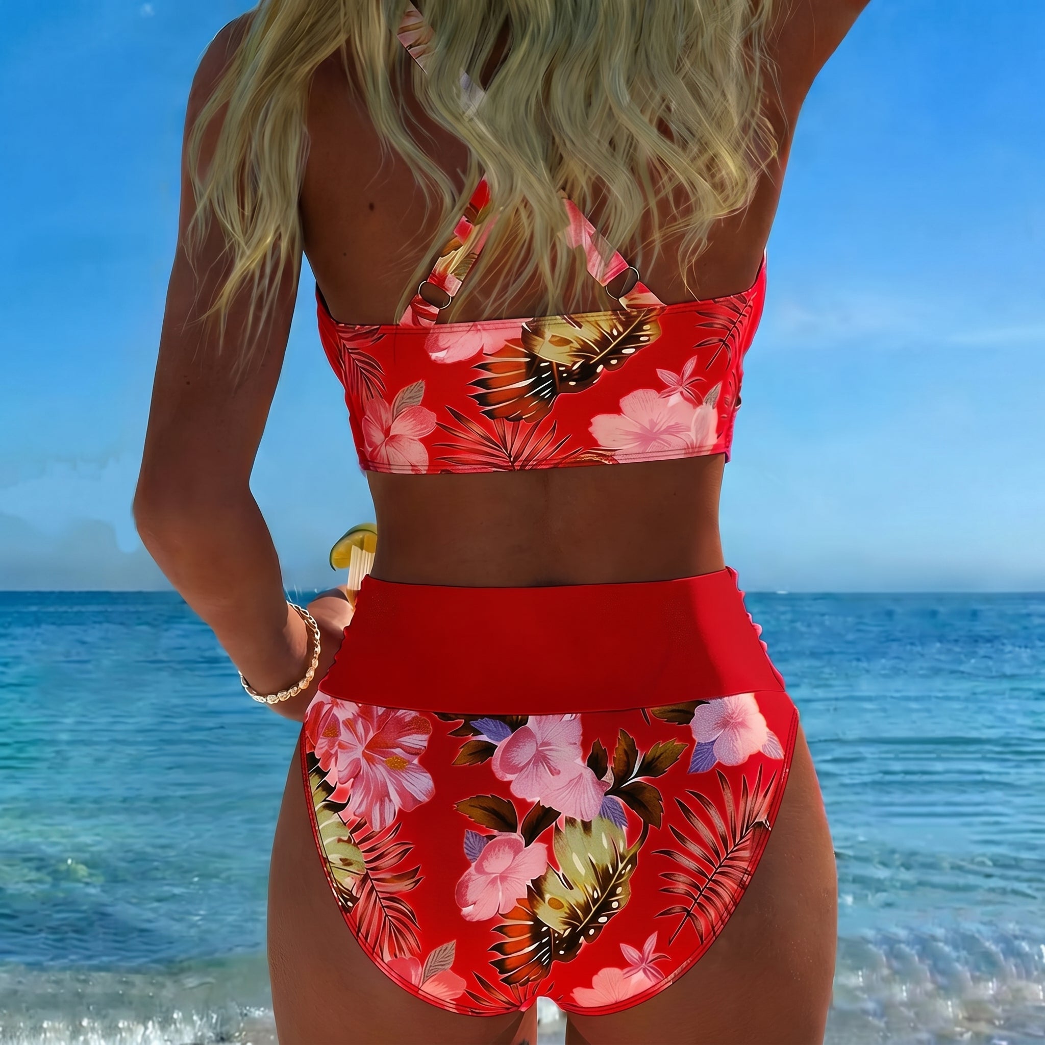 Maya - Women's High - Waisted Two - Piece Bikini Set - Split Bikini - Red - Taylor & Bennett
