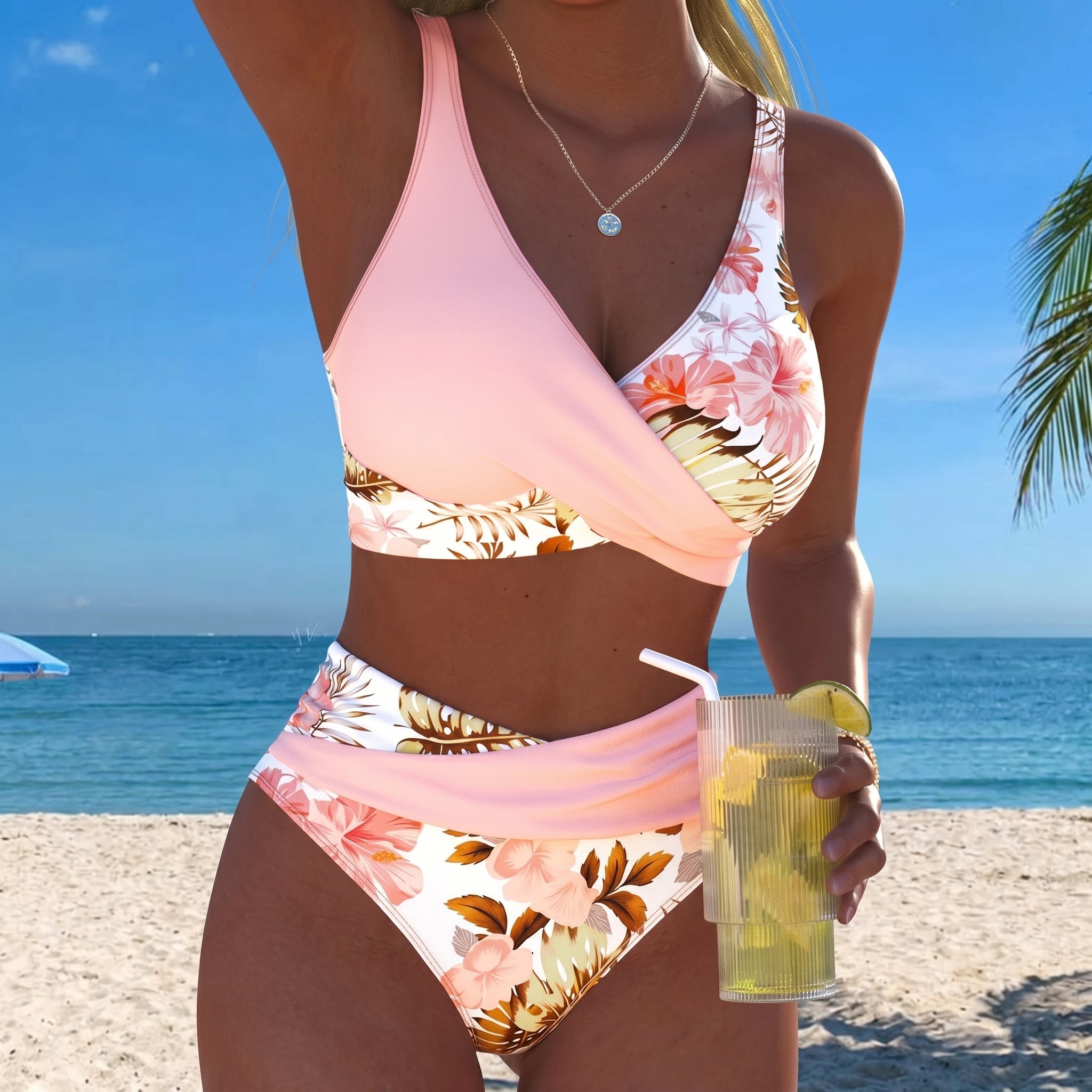 Maya - Women's High - Waisted Two - Piece Bikini Set - Split Bikini - Pink - Taylor & Bennett