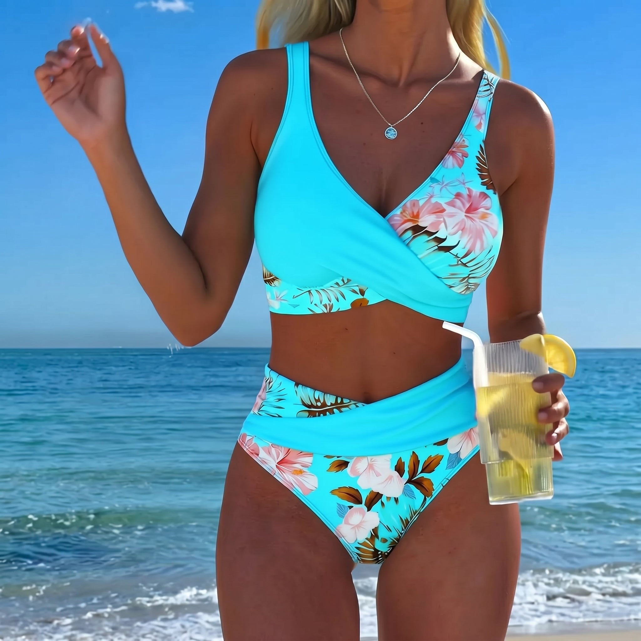 Maya - Women's High - Waisted Two - Piece Bikini Set - Split Bikini - Blue - Taylor & Bennett